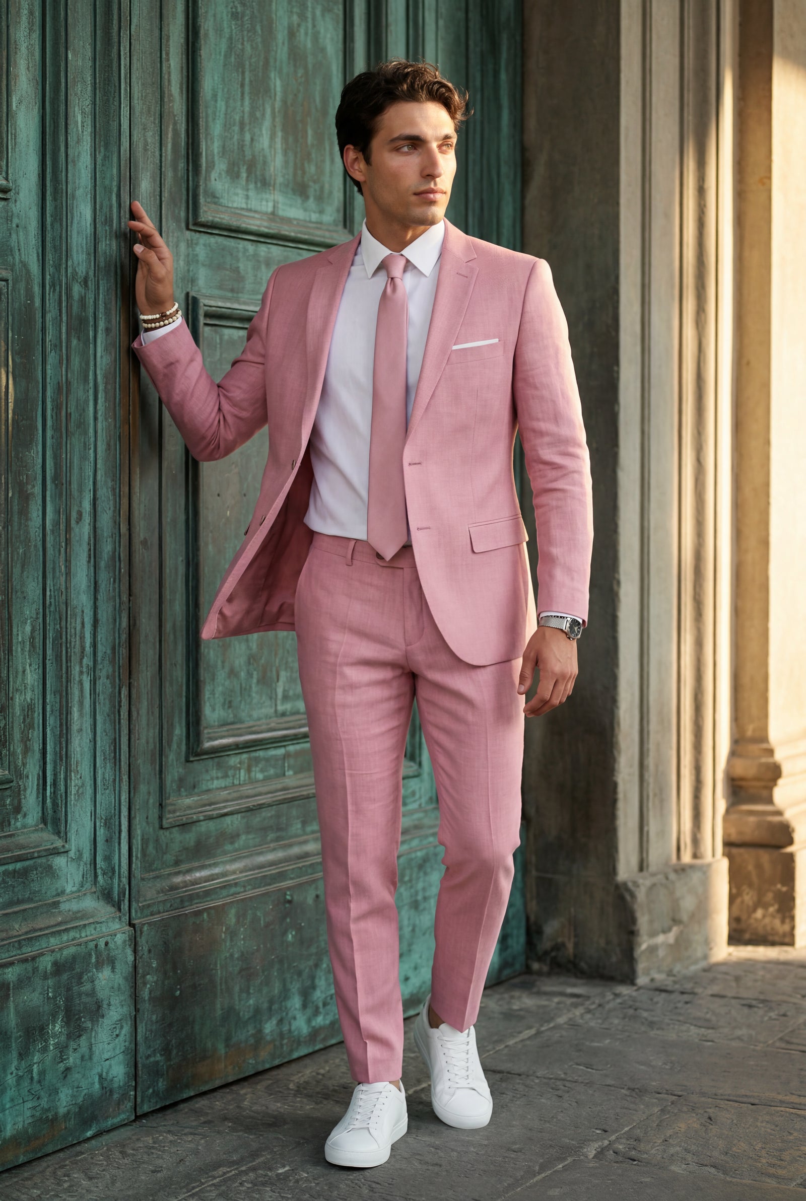 Pink Slim Tailored Suit with Notch Lapel and Tapered Trousers - Linen suit - Photo 10