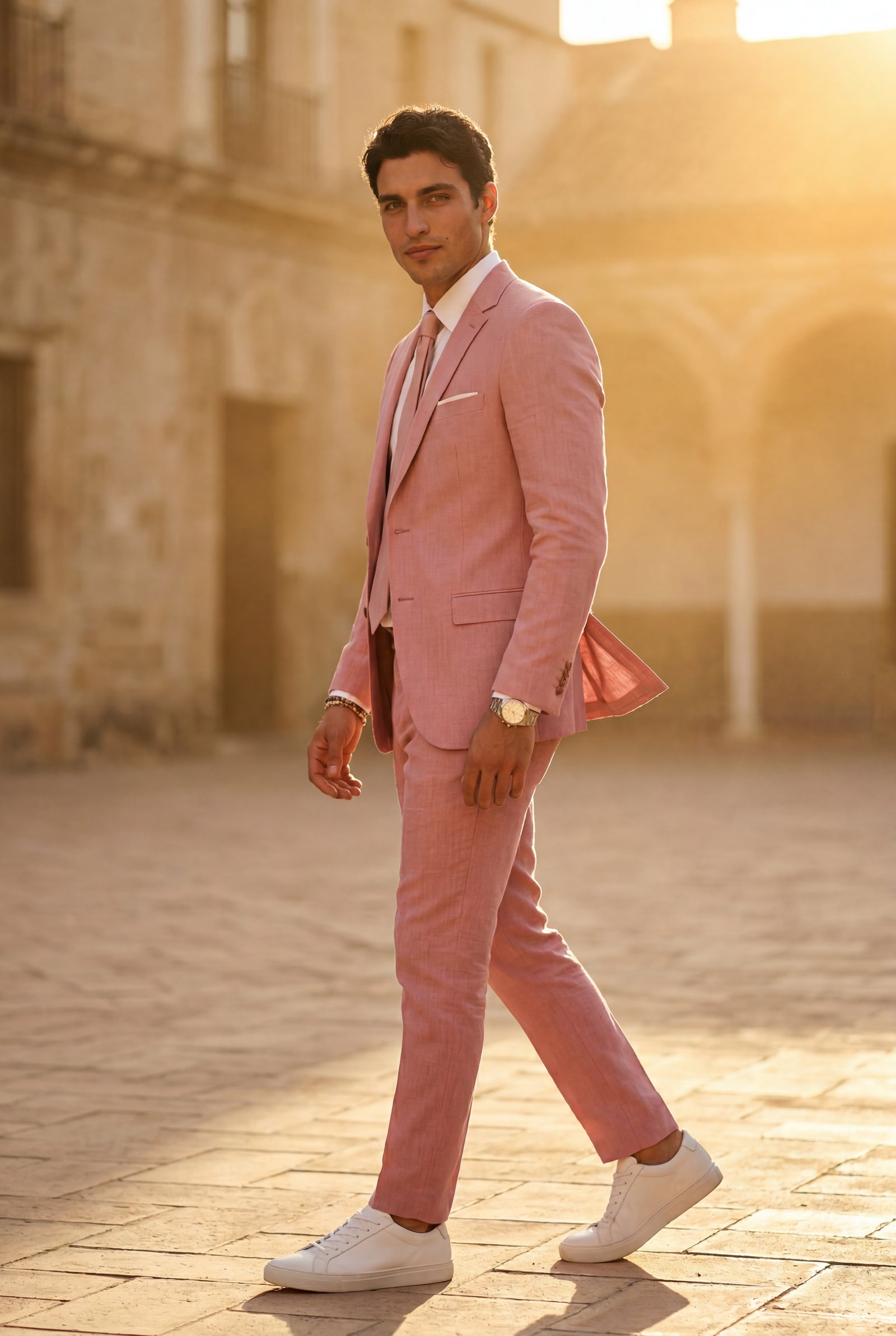 Pink Slim Tailored Suit with Notch Lapel and Tapered Trousers - Linen suit - Photo 12