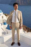 Beige Slim Tailored Suit with Notch Lapel and Tapered Trousers - Linen suit - Photo 13