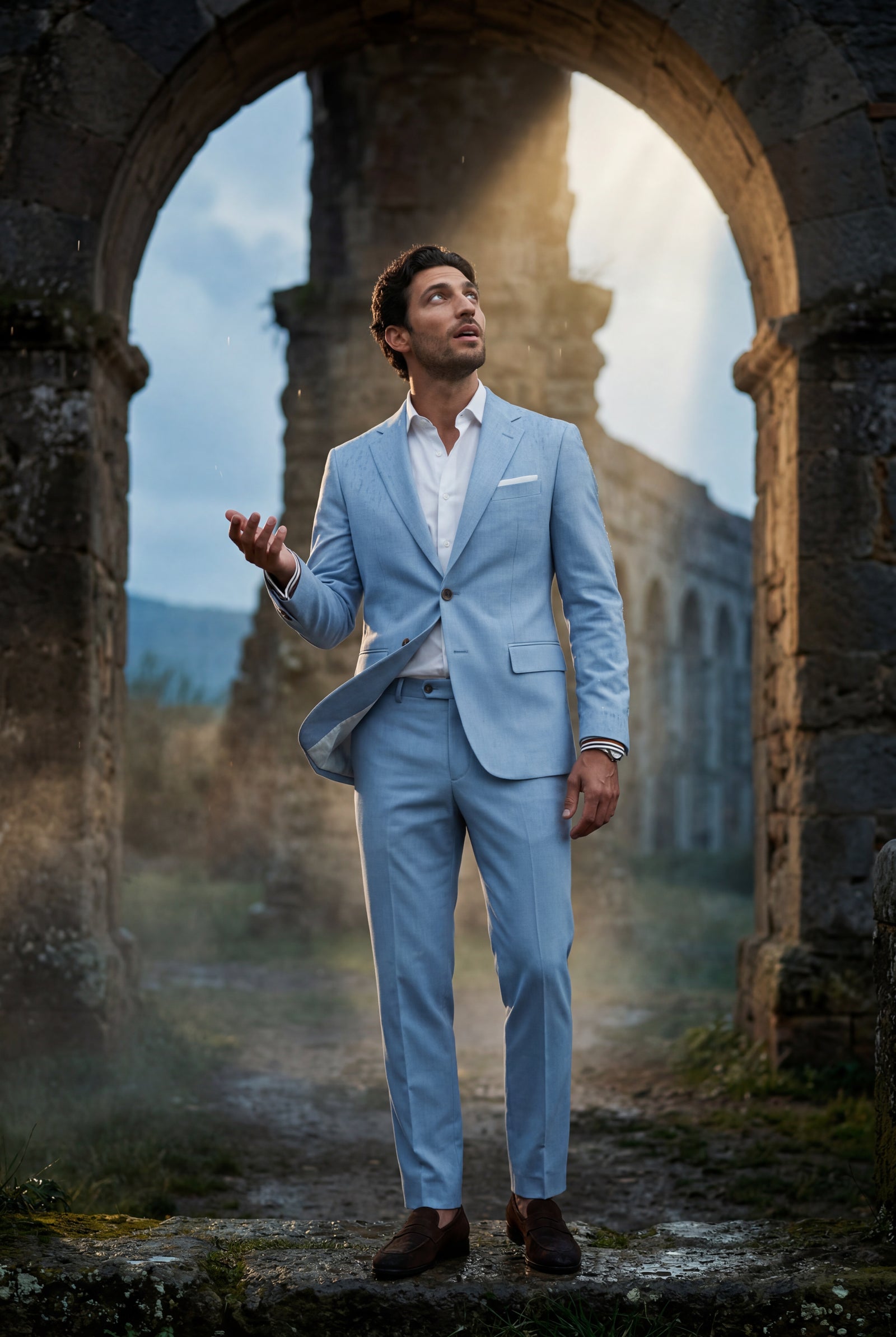 Light Blue Slim Tailored Suit with Notch Lapel and Tapered Trousers - Linen suit - Photo 15