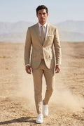 Khaki Slim Tailored Suit with Notch Lapel and Tapered Trousers - Linen suit - Photo 20