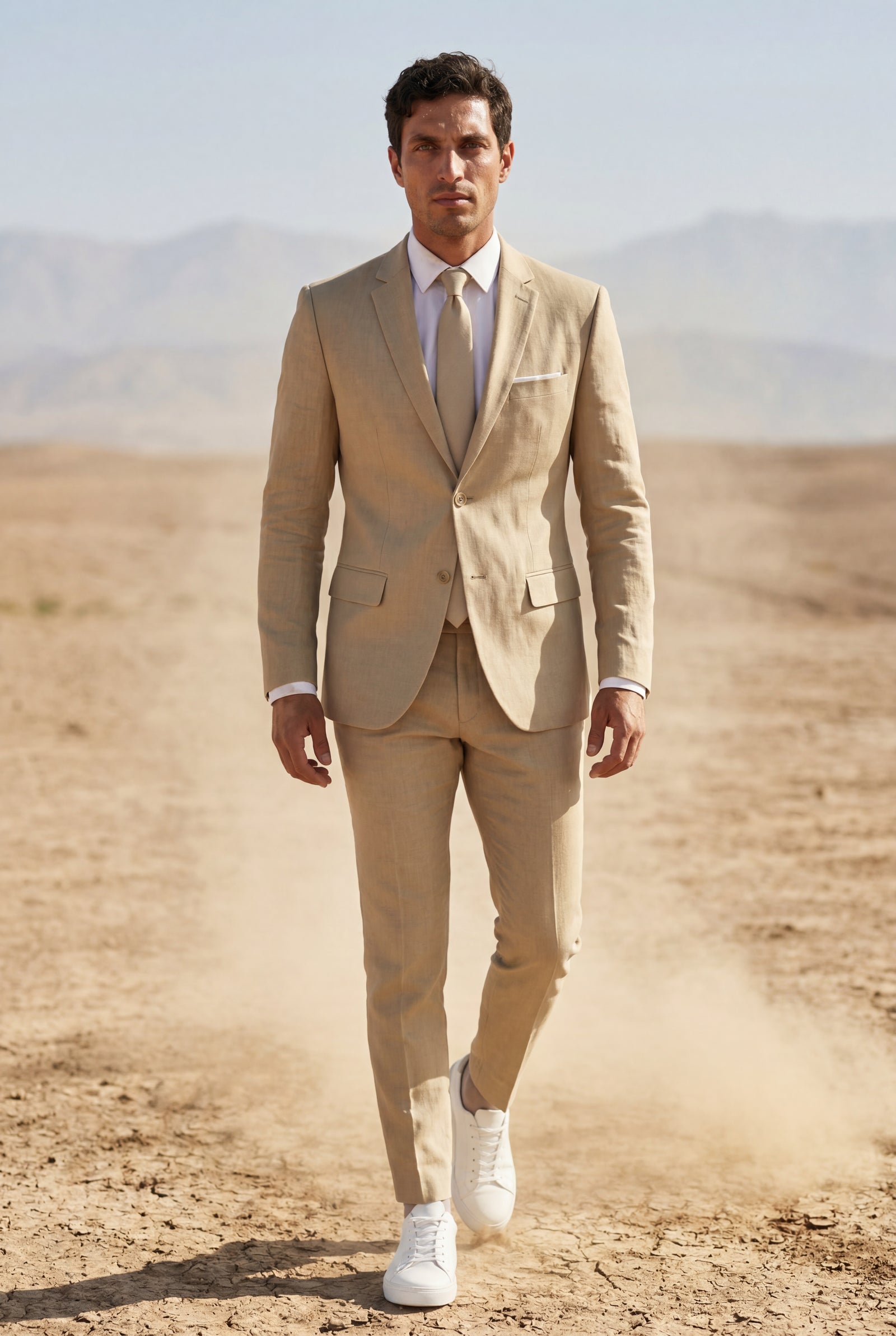 Khaki Slim Tailored Suit with Notch Lapel and Tapered Trousers - Linen suit - Photo 20