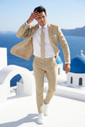 Khaki Slim Tailored Suit with Notch Lapel and Tapered Trousers - Linen suit - Photo 21