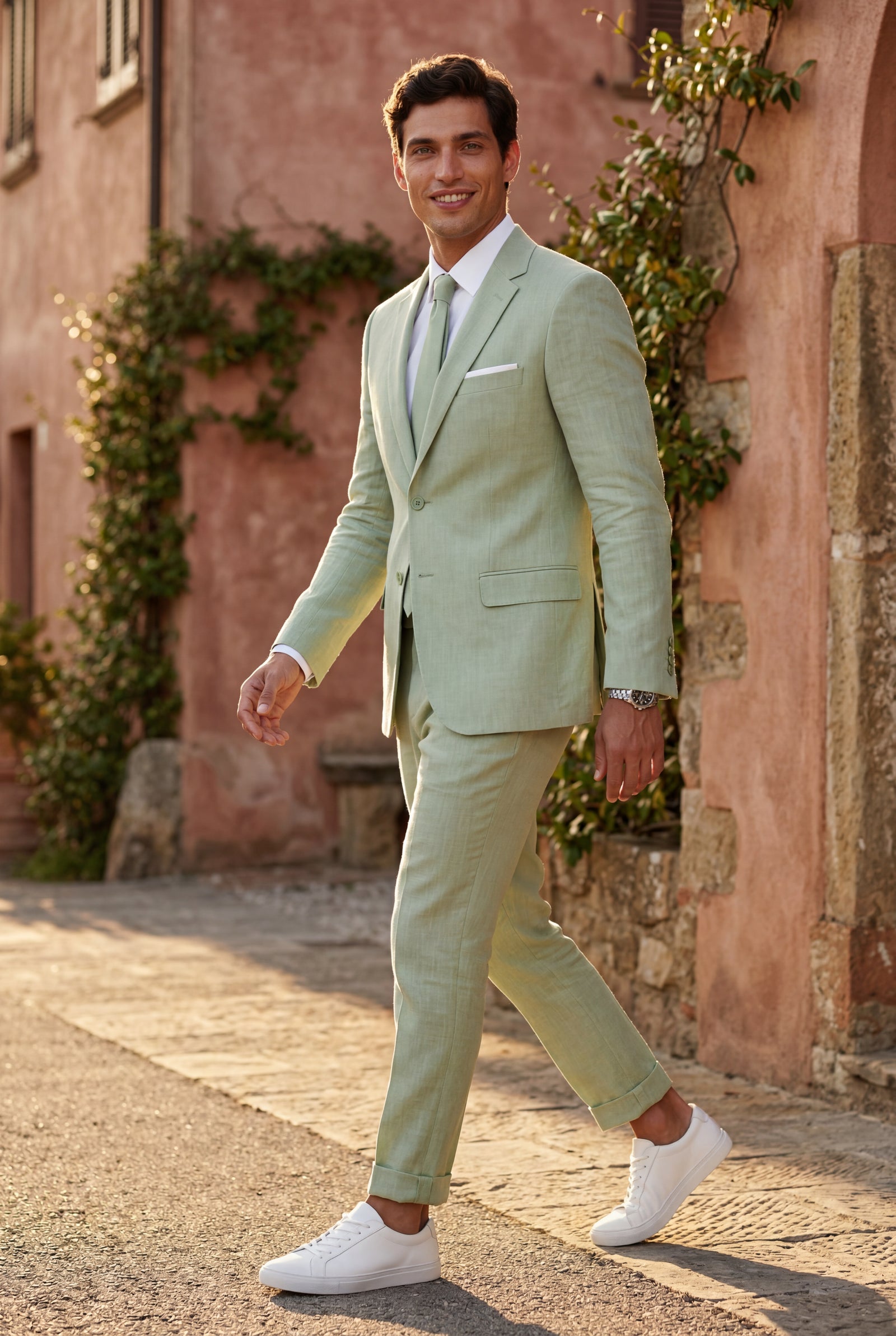 Green Slim Tailored Suit with Notch Lapel and Tapered Trousers - Linen suit - Photo 23