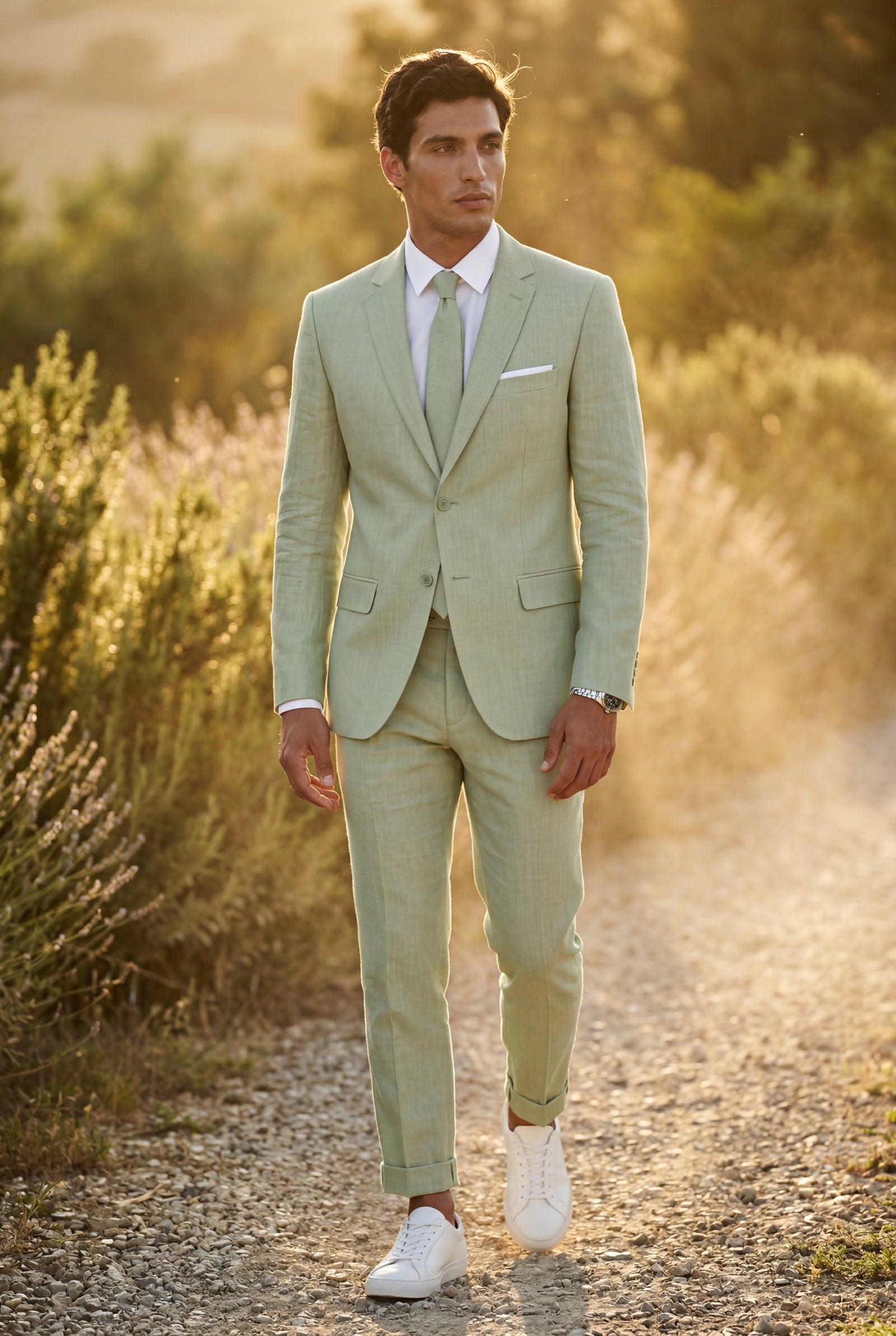 Green Slim Tailored Suit with Notch Lapel and Tapered Trousers - Linen suit - Photo 24