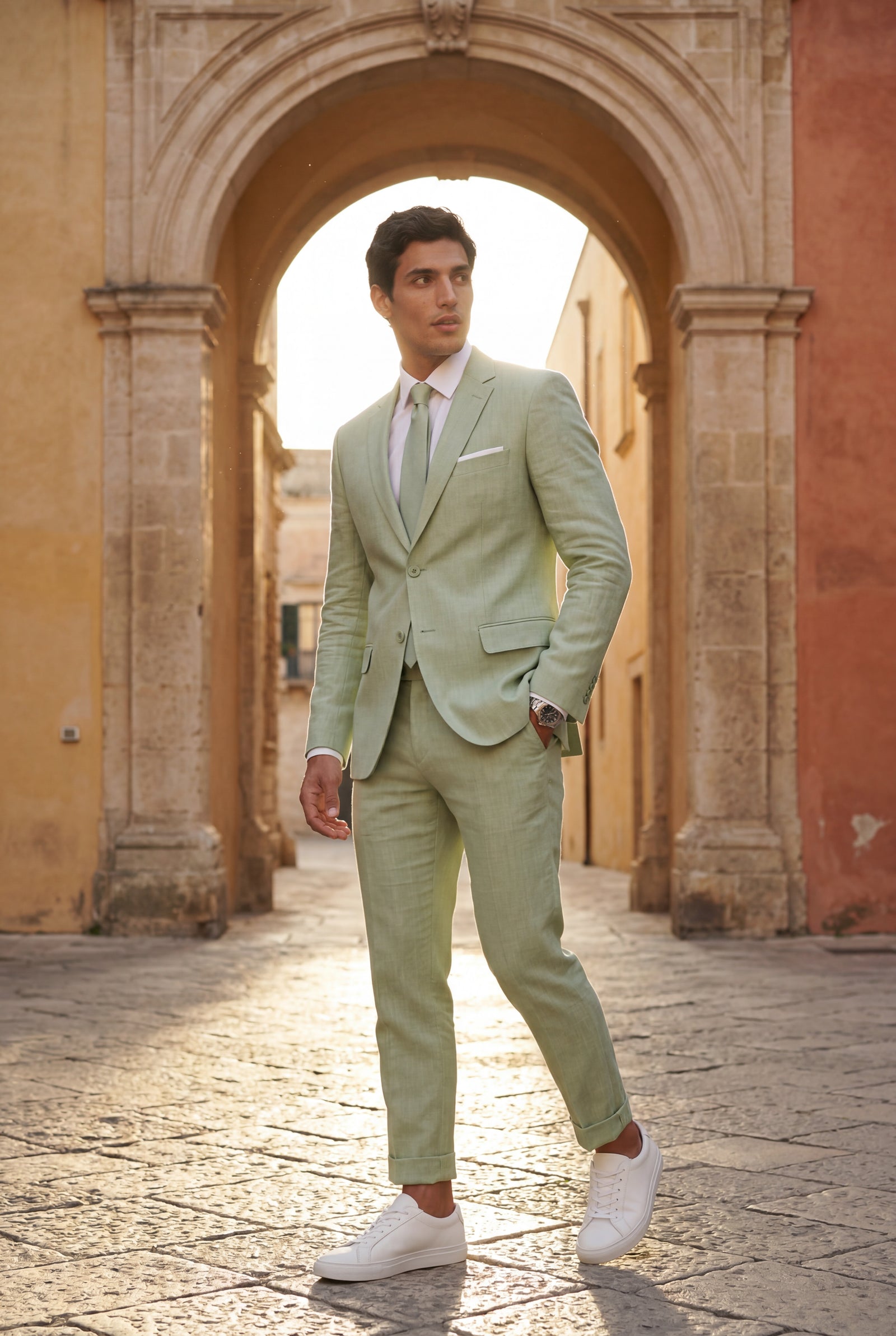 Green Slim Tailored Suit with Notch Lapel and Tapered Trousers - Linen suit - Photo 27