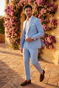 Light Blue Slim Tailored Suit with Notch Lapel and Tapered Trousers - Linen suit - Photo 8