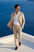Beige Slim Tailored Suit with Notch Lapel and Tapered Trousers - Linen suit - Photo 9