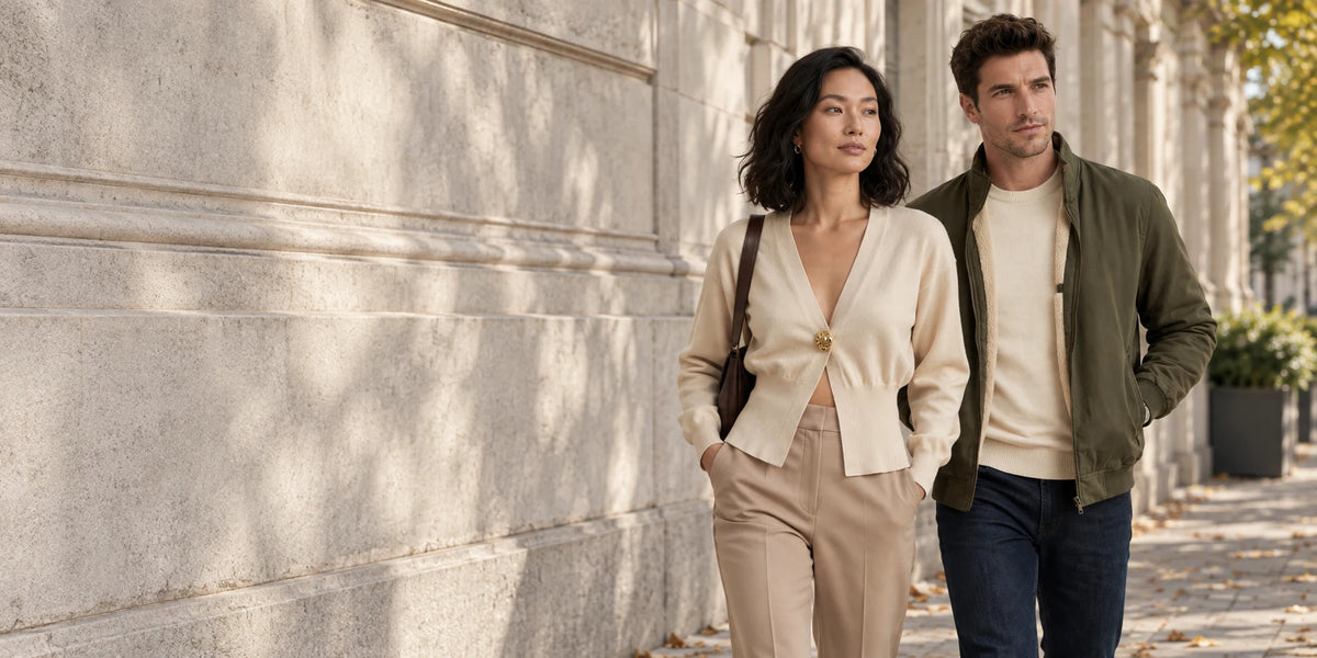 Autumn outfits: cream gold-button cardigan and olive bomber jacket