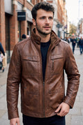 Fleece-Lined Leather-Look Jacket in Coffee — lifestyle