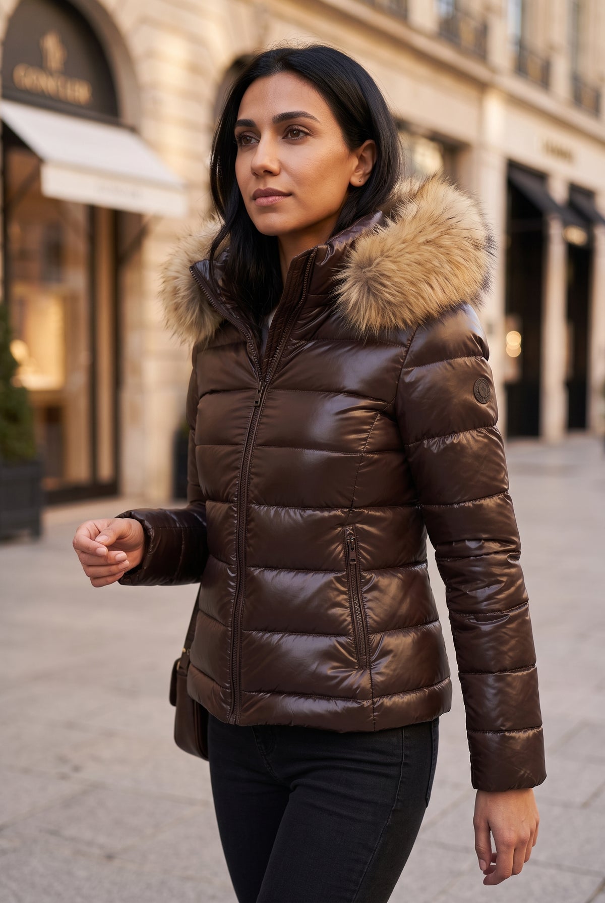 Brown puffer jacket with faux fur-trimmed hood - lifestyle