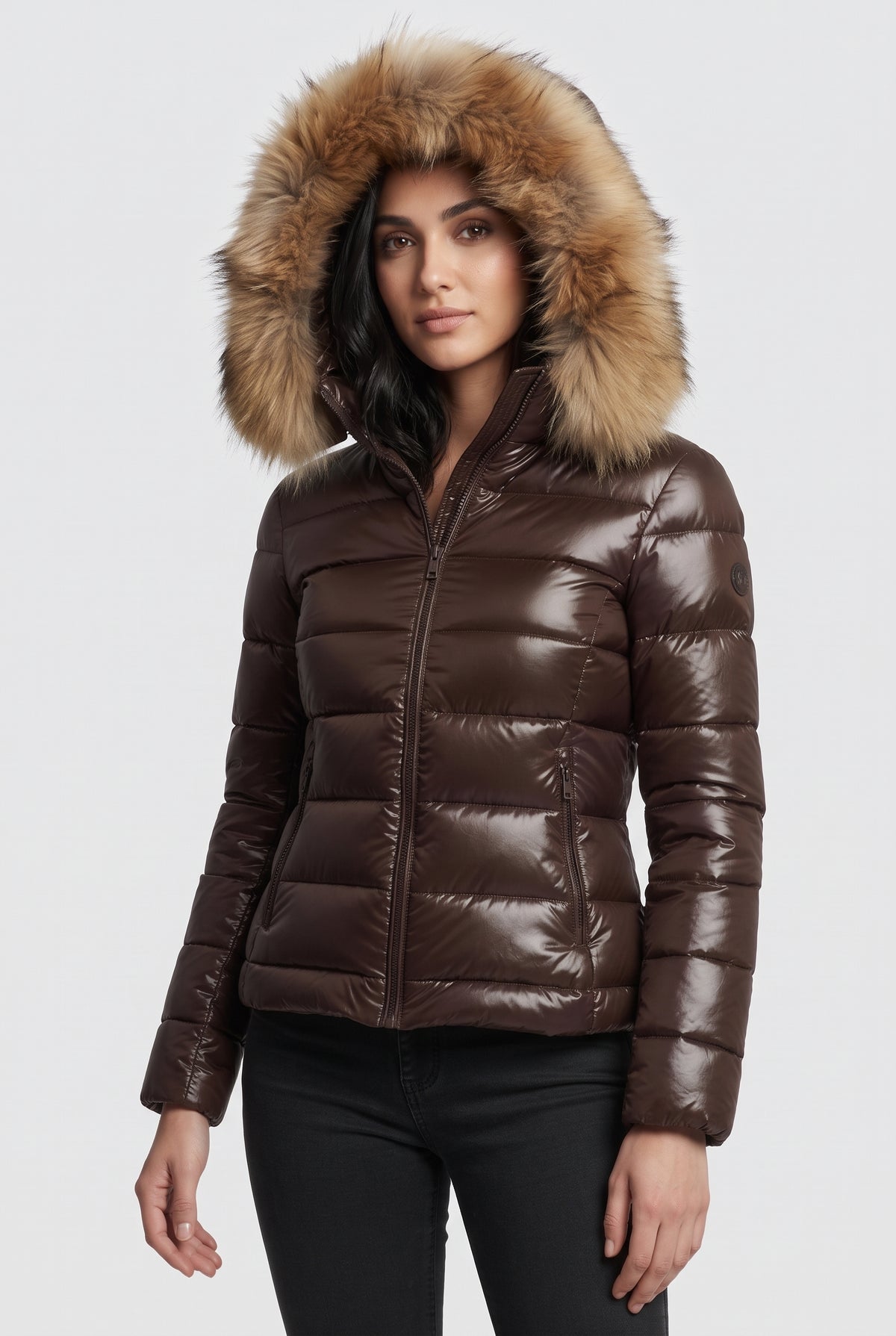 Brown puffer jacket with faux fur-trimmed hood - studio-front