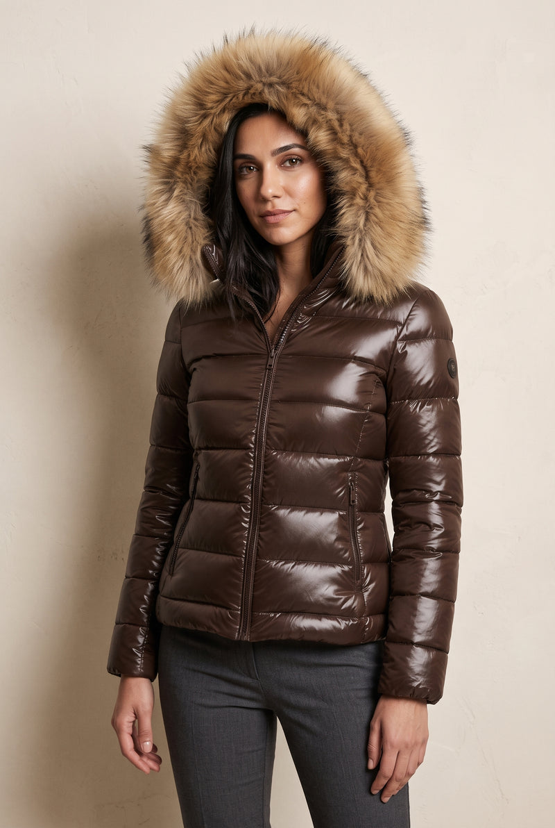 Glossy Puffer Jacket with Faux Fur Hood in Brown — studio front