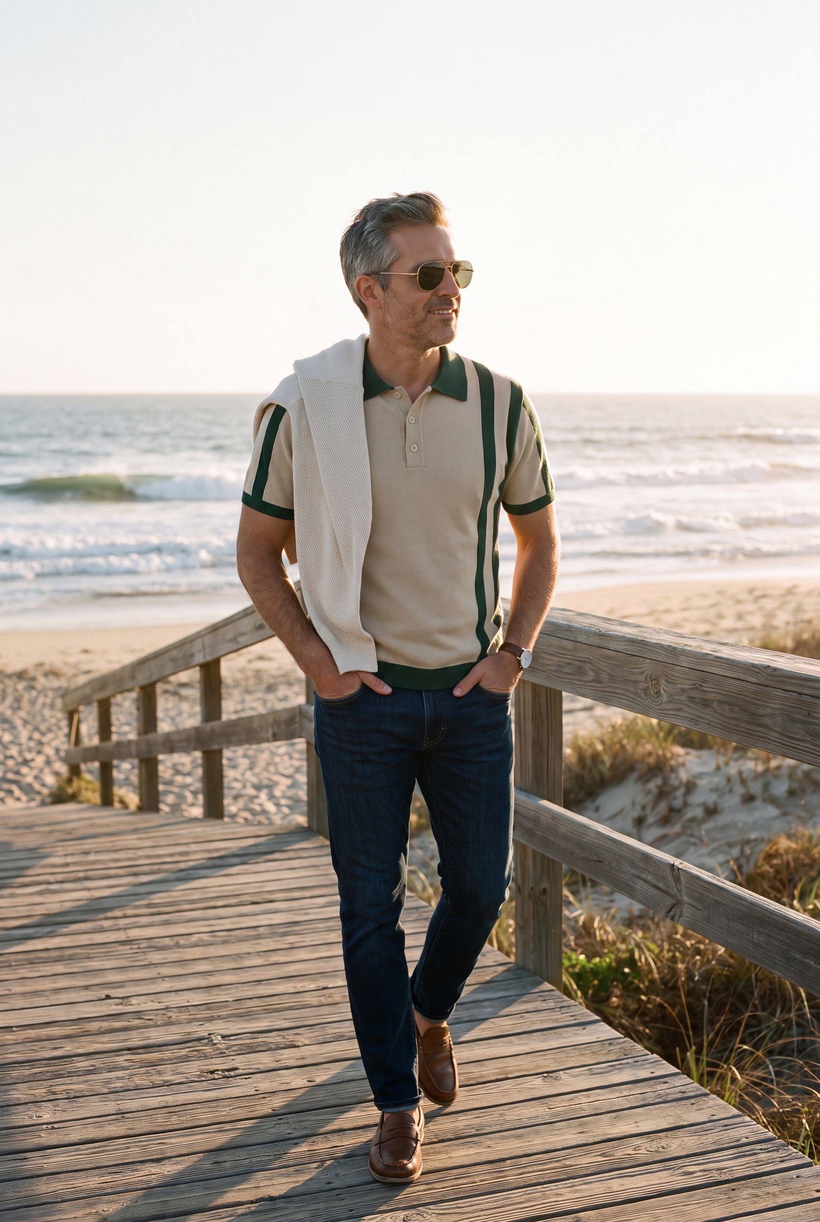 Men Striped Polo Shirt Short Sleeve in Striped Beige Green — lifestyle beach side