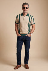 Men Striped Polo Shirt Short Sleeve in Striped Beige Green — studio full body