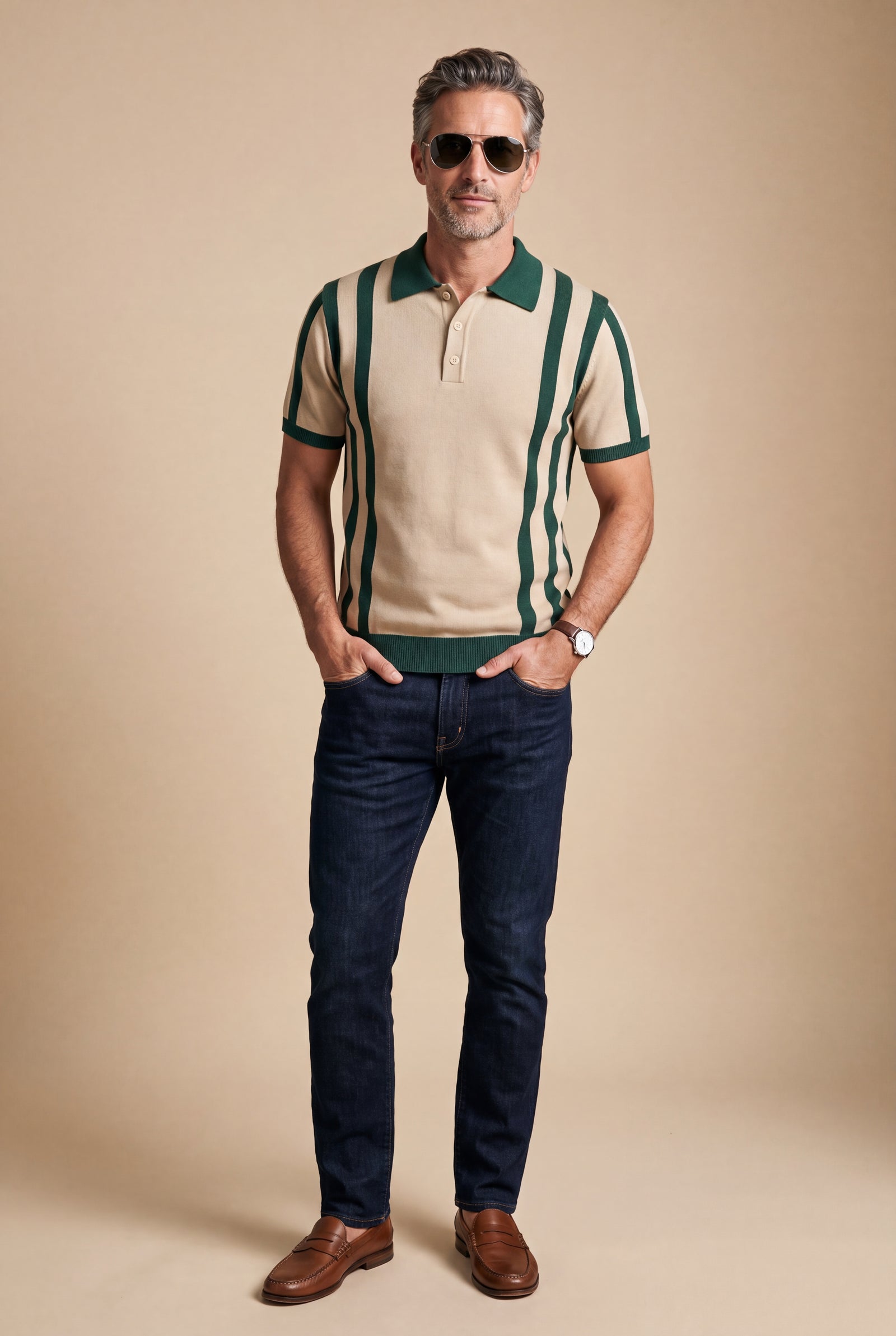 Men Striped Polo Shirt Short Sleeve in Striped Beige Green — studio full body