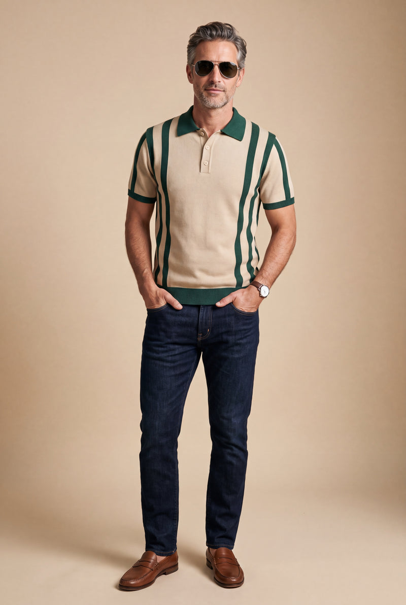 Men Striped Polo Shirt Short Sleeve in Striped Beige Green — studio full body