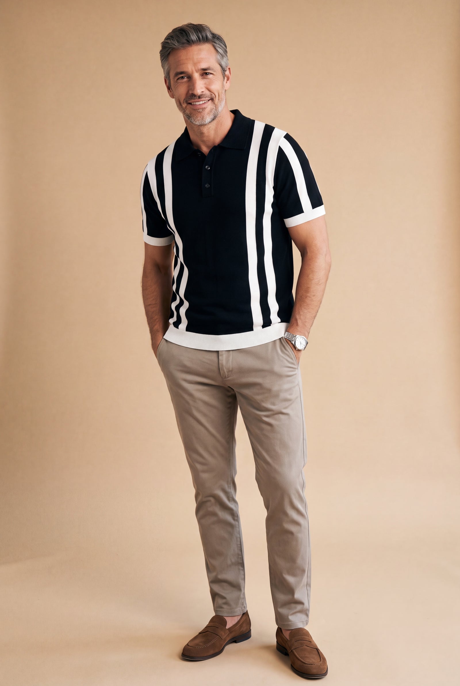 Men Striped Polo Shirt Short Sleeve in Striped Black White — studio full body