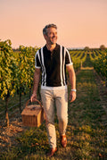 Men Striped Polo Shirt Short Sleeve in Striped Black White — vineyard sunset