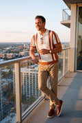 Men Striped Polo Shirt Short Sleeve in Striped White Orange — lifestyle urban balcony