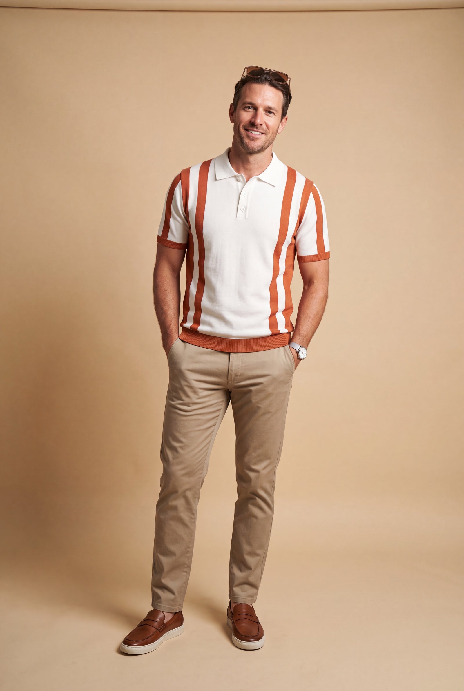 Men Striped Polo Shirt Short Sleeve in Striped White Orange — studio full body