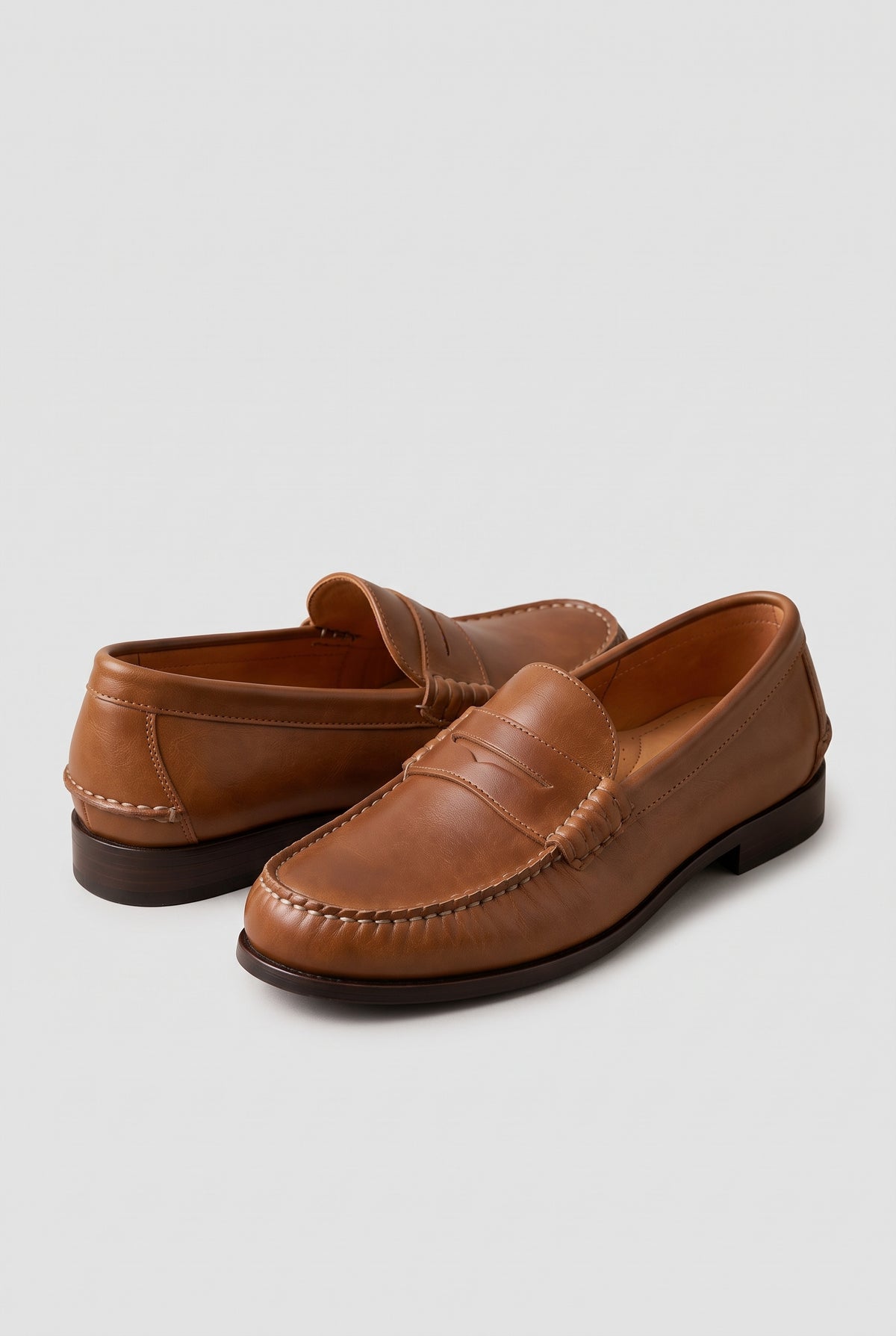 Faux Leather Penny Loafers in Tan — studio front