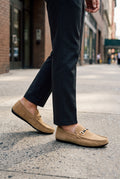 Suede Buckle Loafers in Tan — lifestyle