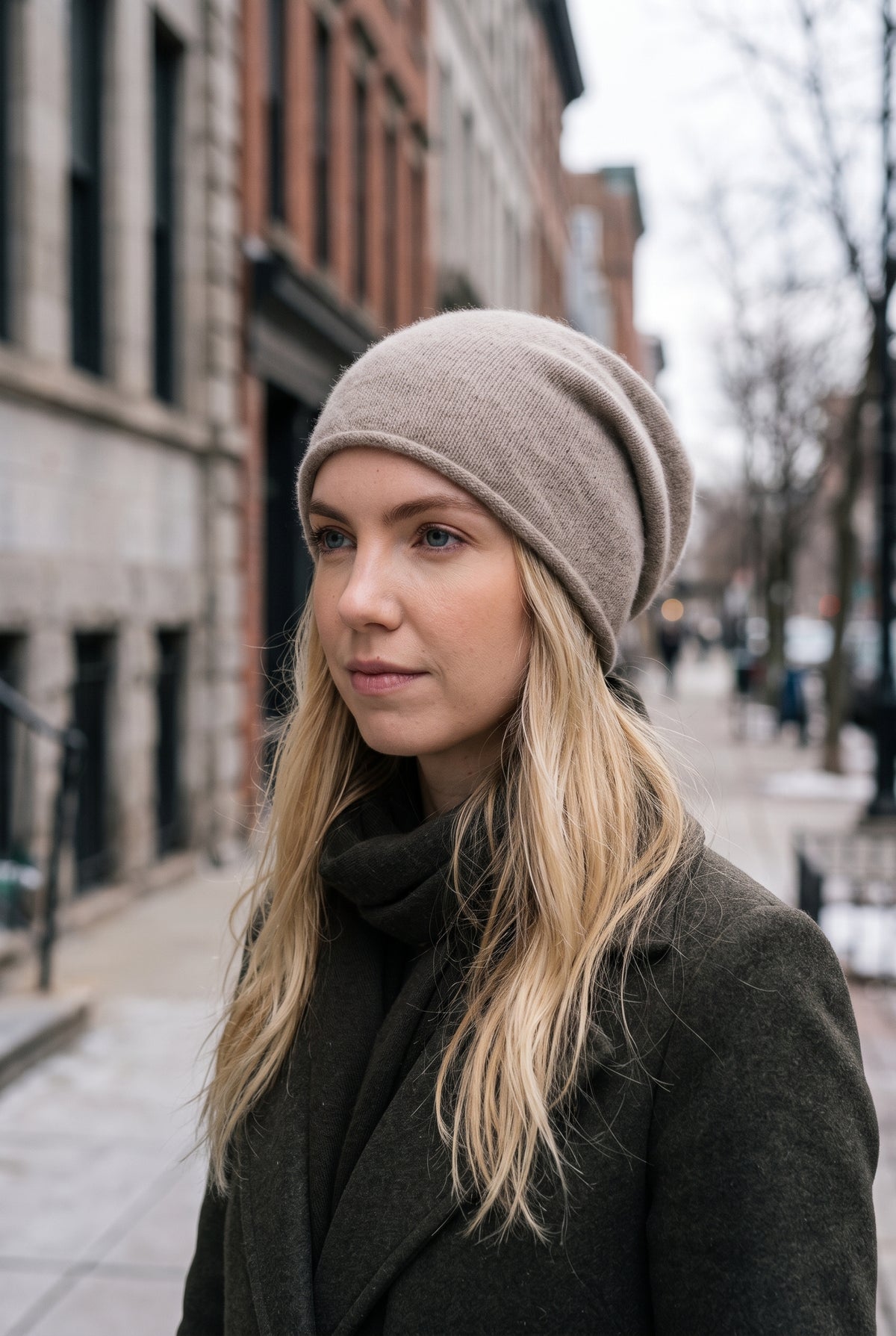 Cashmere Knit Beanie in Taupe — lifestyle