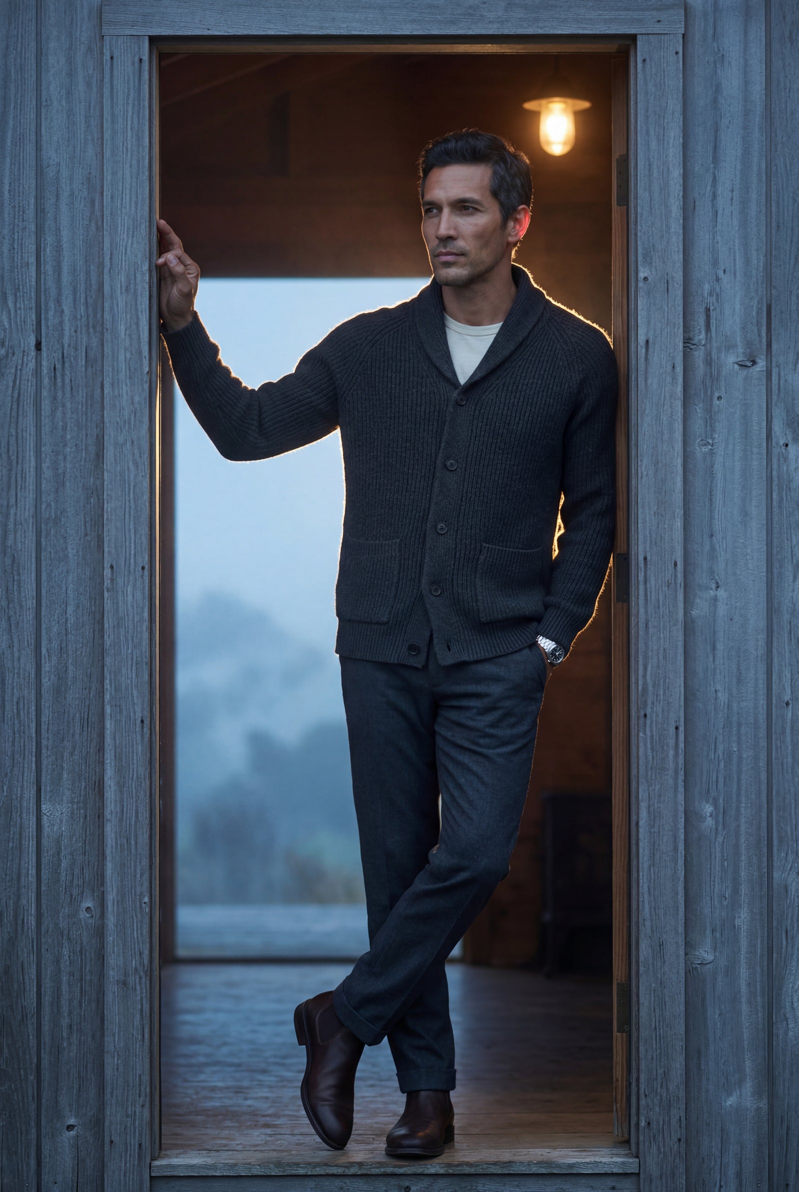 Black Chunky Ribbed Shawl Collar Cardigan with Button Front - Photo 10