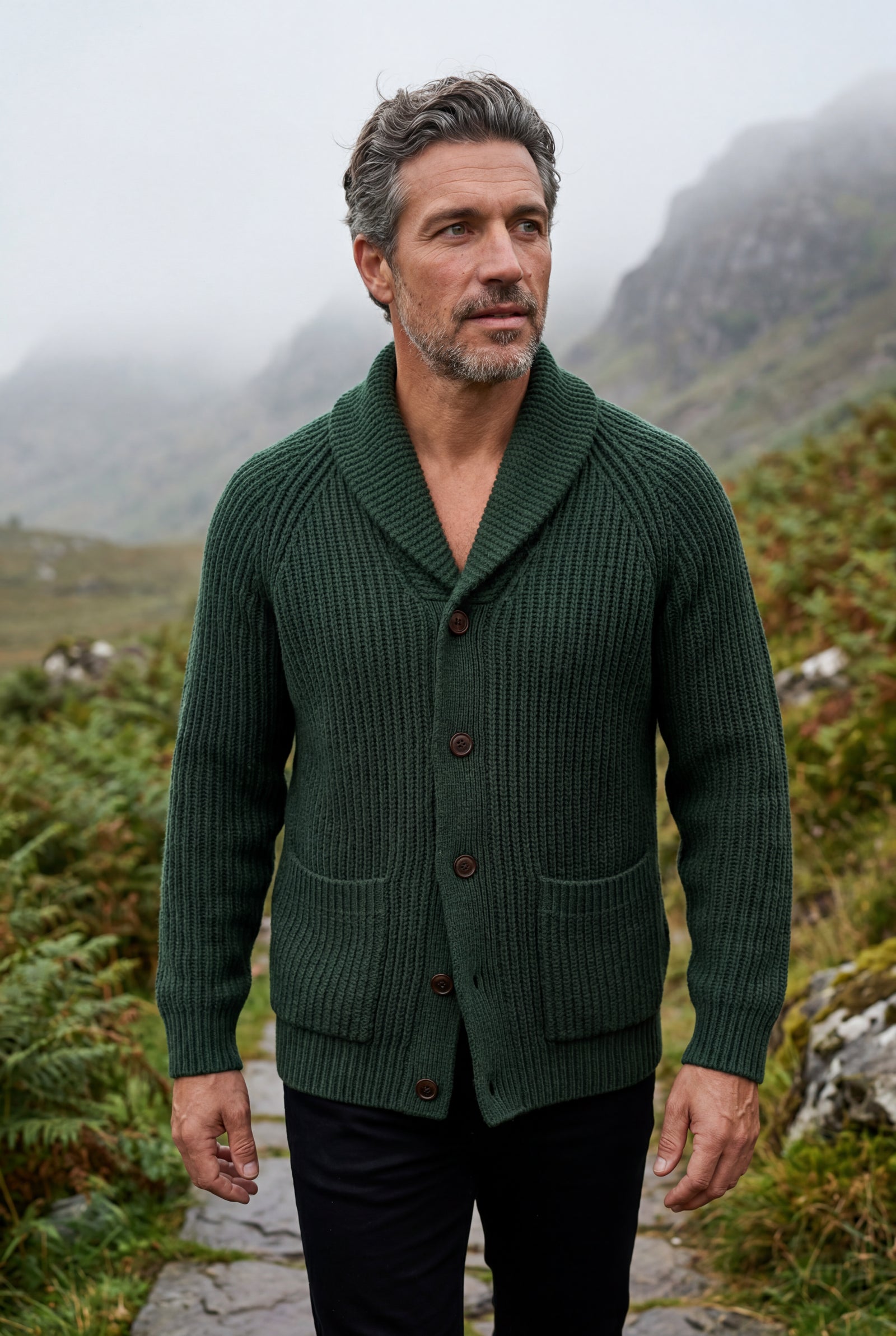 Dark Green Chunky Ribbed Shawl Collar Cardigan with Button Front - Photo 5