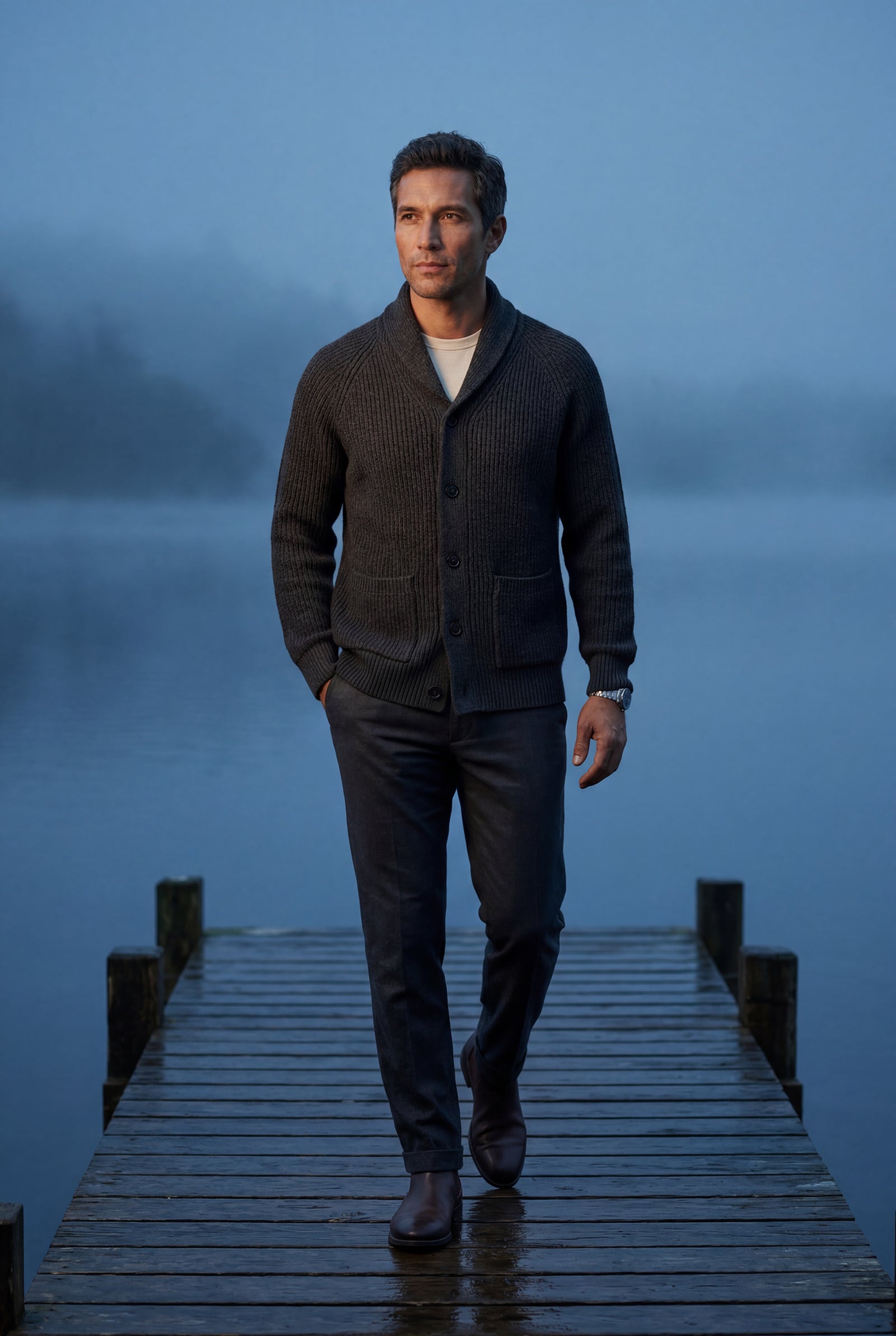 Black Chunky Ribbed Shawl Collar Cardigan with Button Front - Photo 7