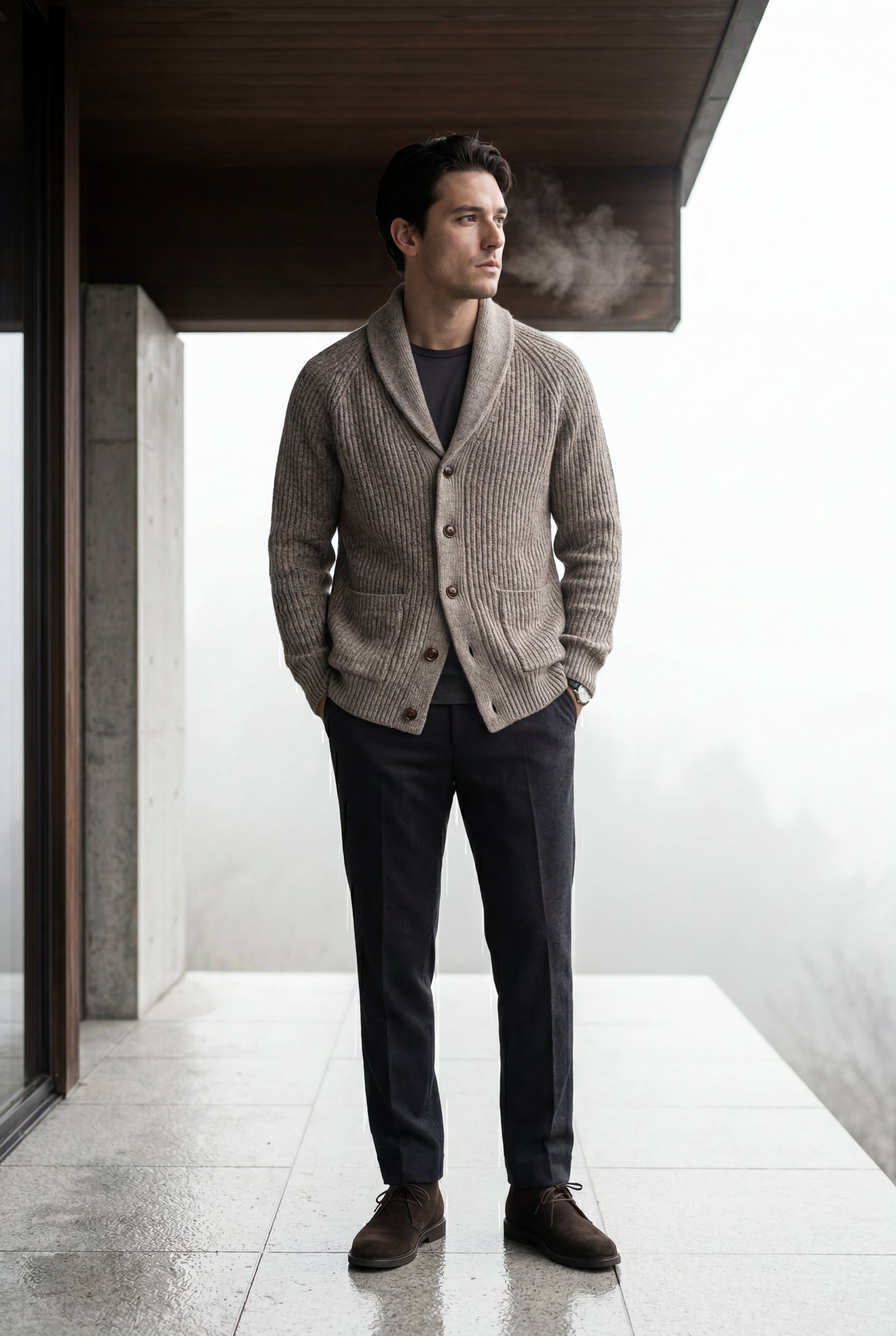 Taupe Chunky Ribbed Shawl Collar Cardigan with Button Front - Photo 9