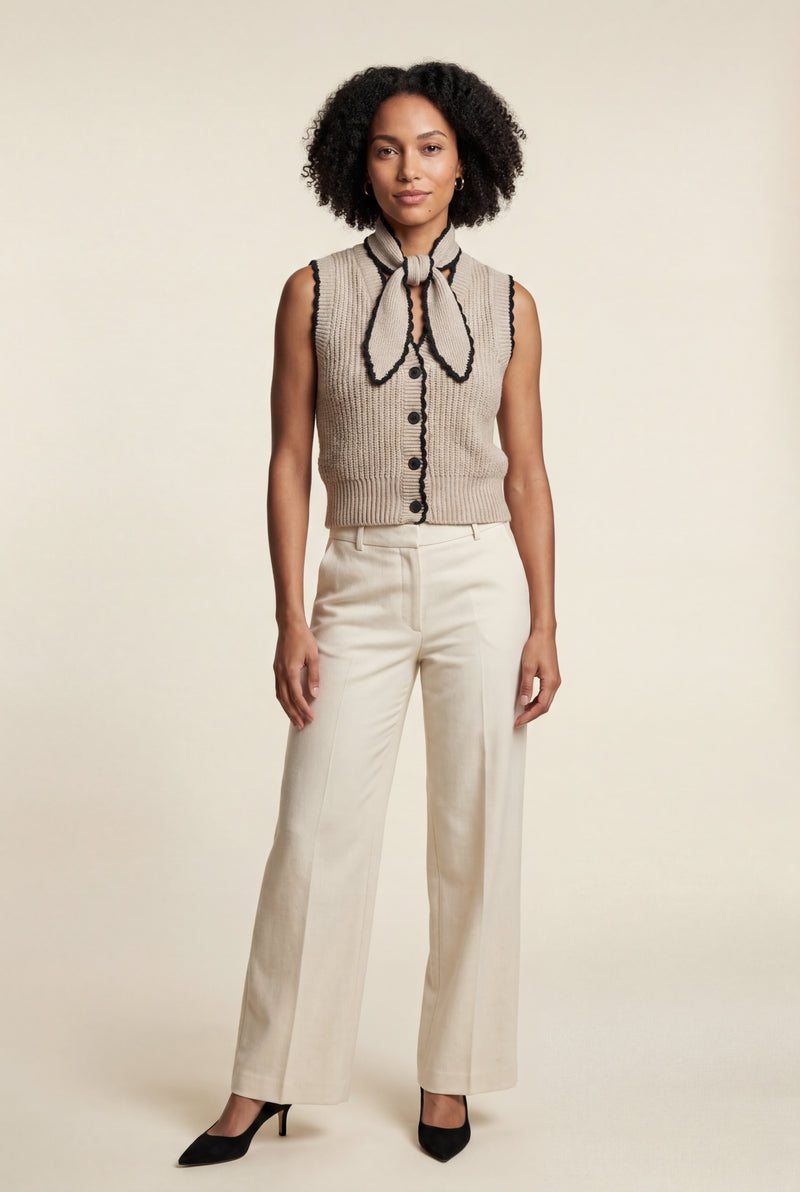 Taupe Contrast Trim Ribbed Button-front Cropped Sweater Vest - Cropped vest - Photo 1