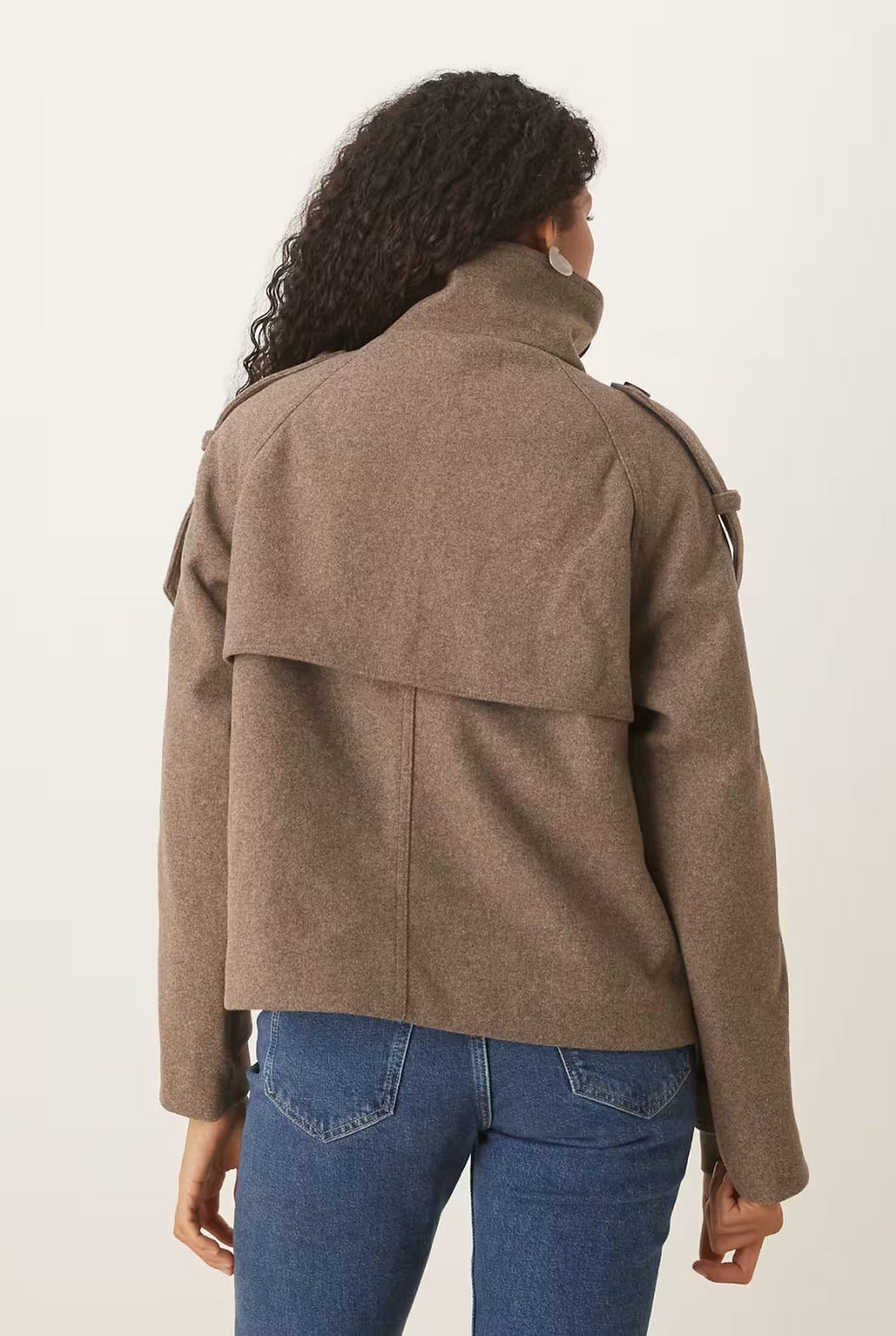 Funnel-Collar Cropped Pea Coat in Taupe — back