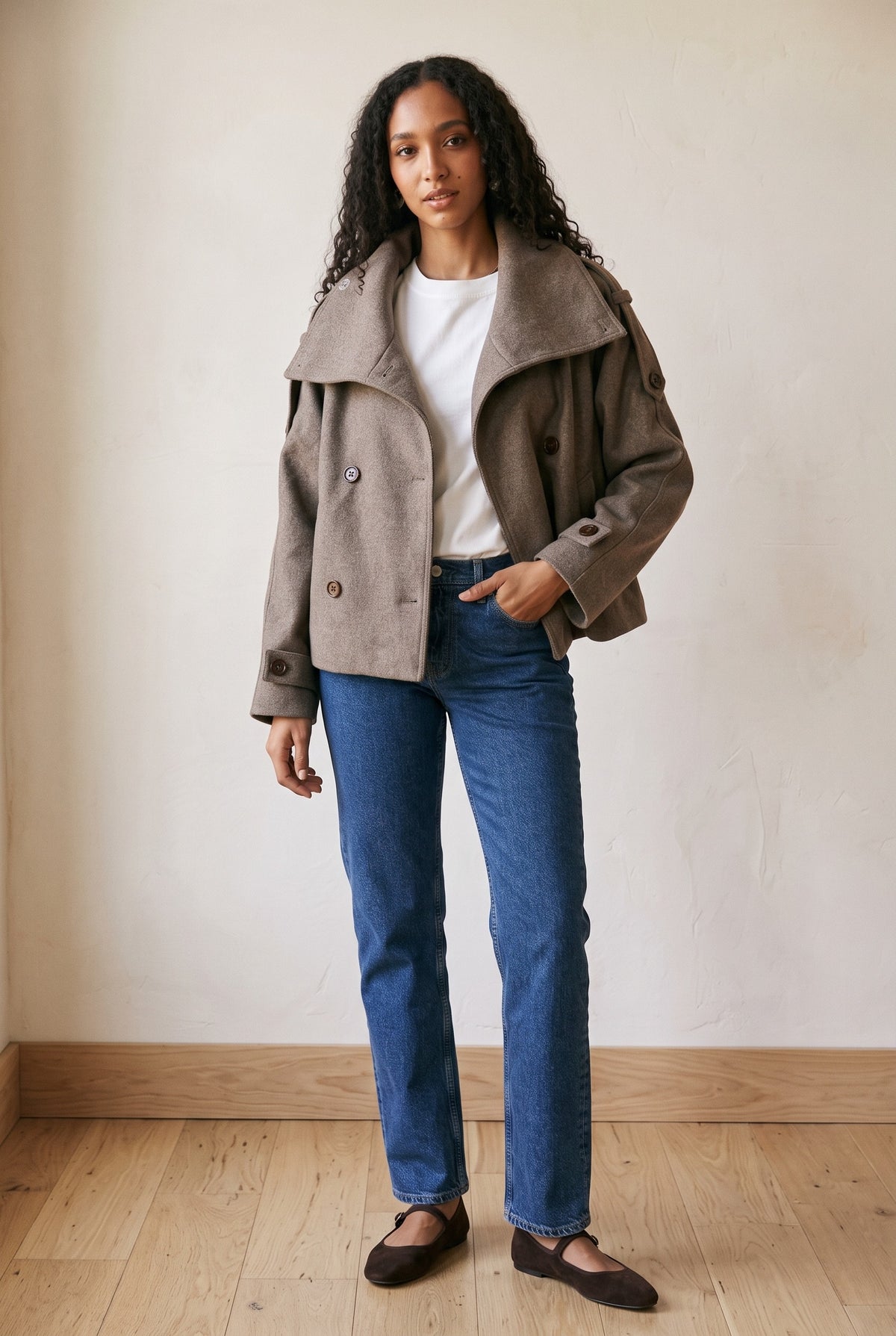 Funnel-Collar Cropped Pea Coat in Taupe — Stilenza main image