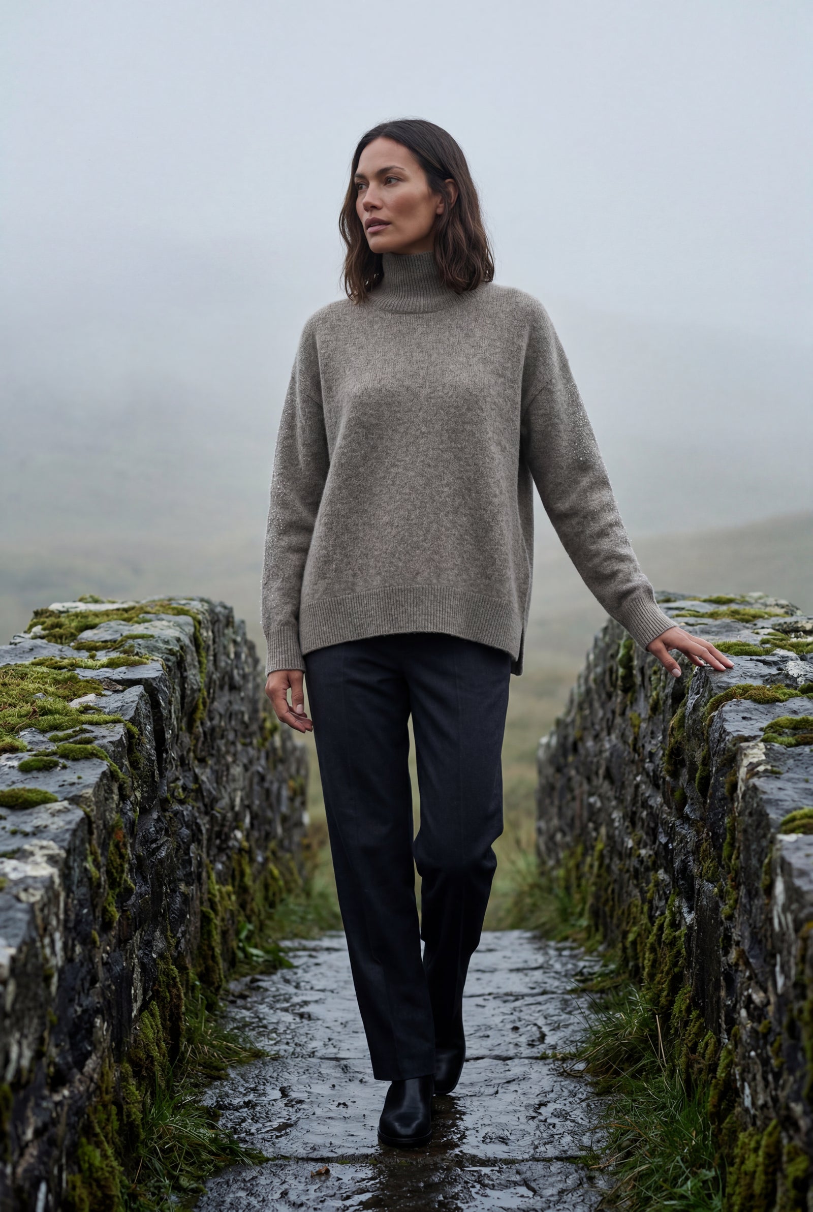 Taupe Heathered Taupe Oversized Turtleneck Sweater with Side Slits - Photo 4