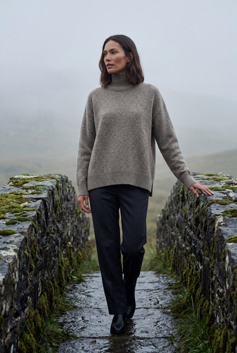 Taupe Heathered Taupe Oversized Turtleneck Sweater with Side Slits - Photo 4