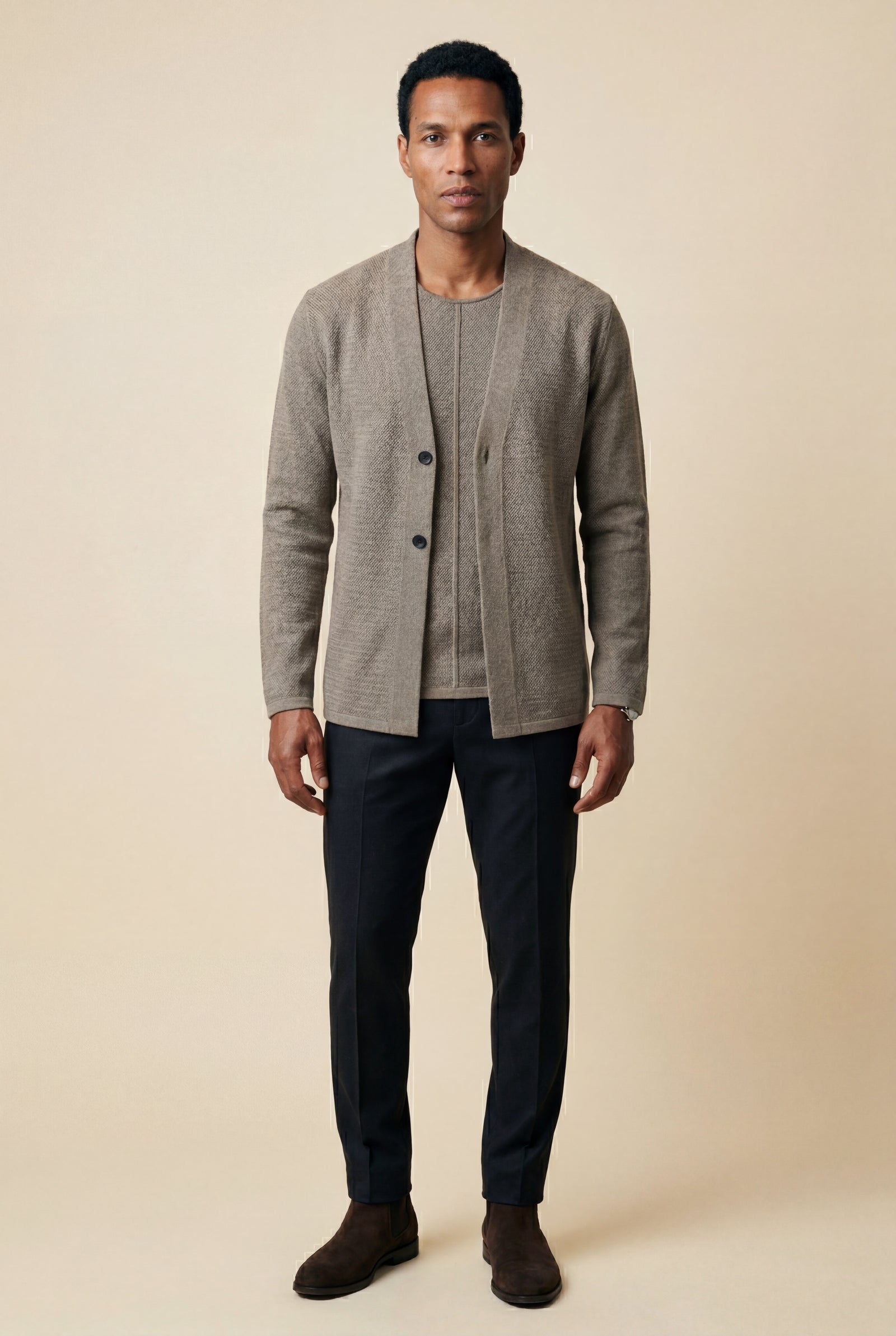 Taupe Minimalist Collarless Button Placket Cardigan Jacket - Cardigans - Photo 1