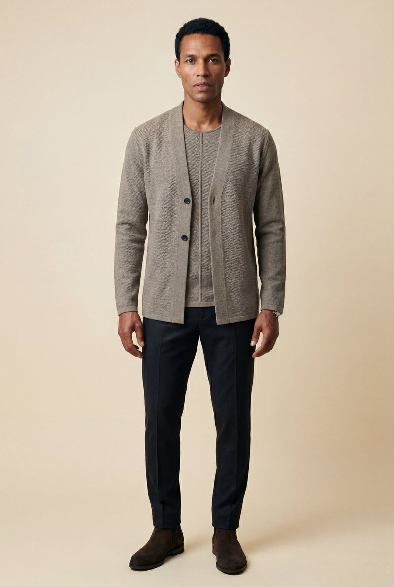 Taupe Minimalist Collarless Button Placket Cardigan Jacket - Cardigans - Photo 1