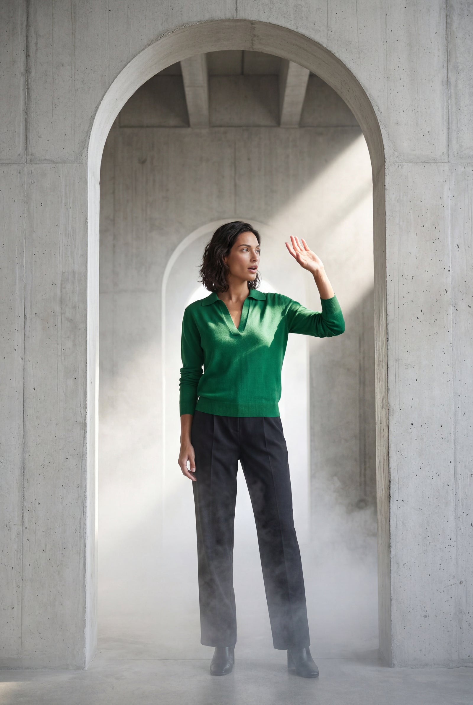 Dark Green Open Collar V-neck Fine Relaxed Sweater - Casual sweater - Photo 10