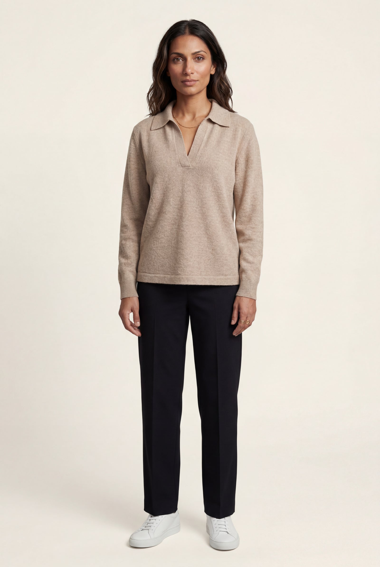 Taupe Open Collar V-neck Fine Relaxed Sweater - Casual sweater - Photo 11