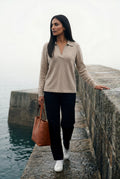 Taupe Open Collar V-neck Fine Relaxed Sweater - Casual sweater - Photo 14