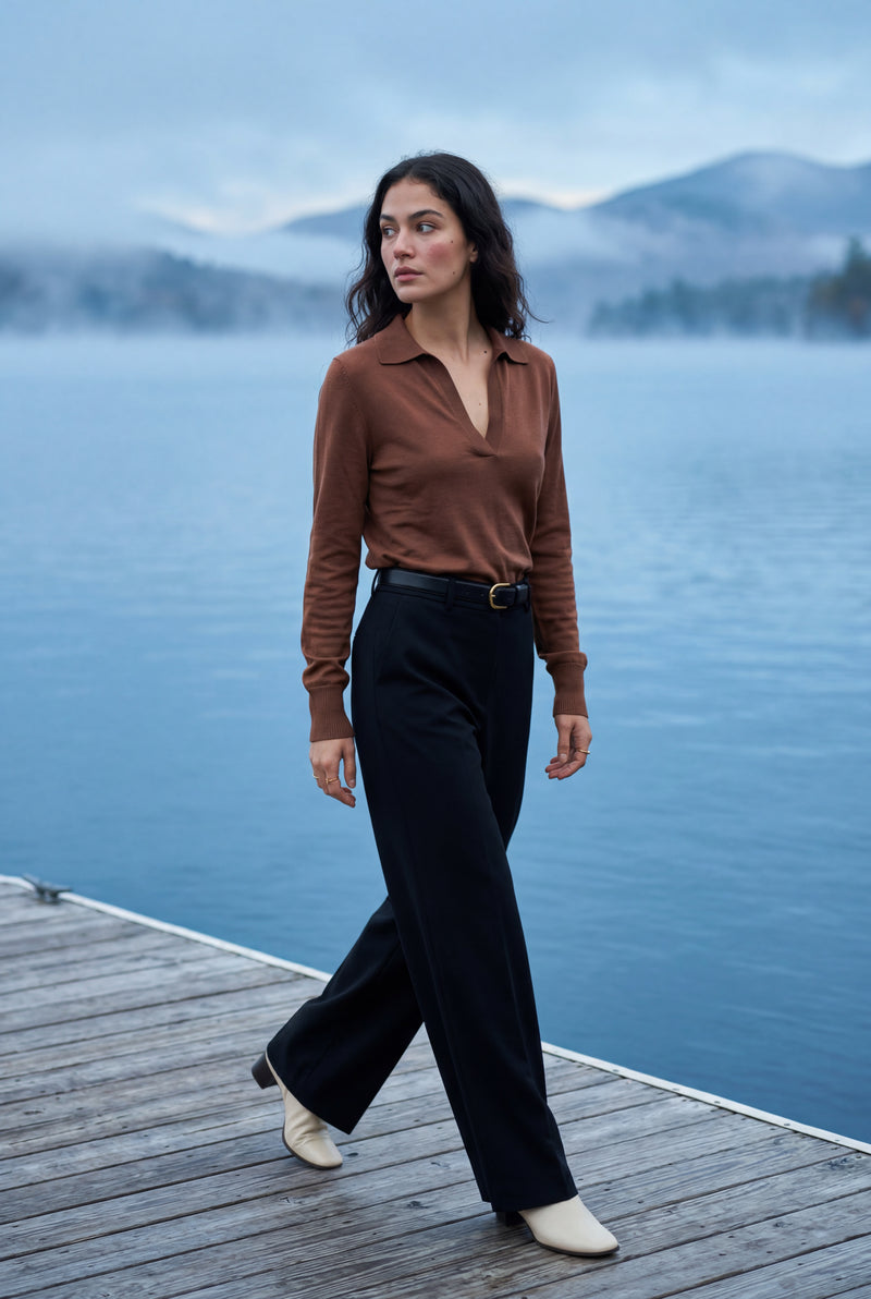 Brown Open Collar V-neck Fine Relaxed Sweater - Casual sweater - Photo 4