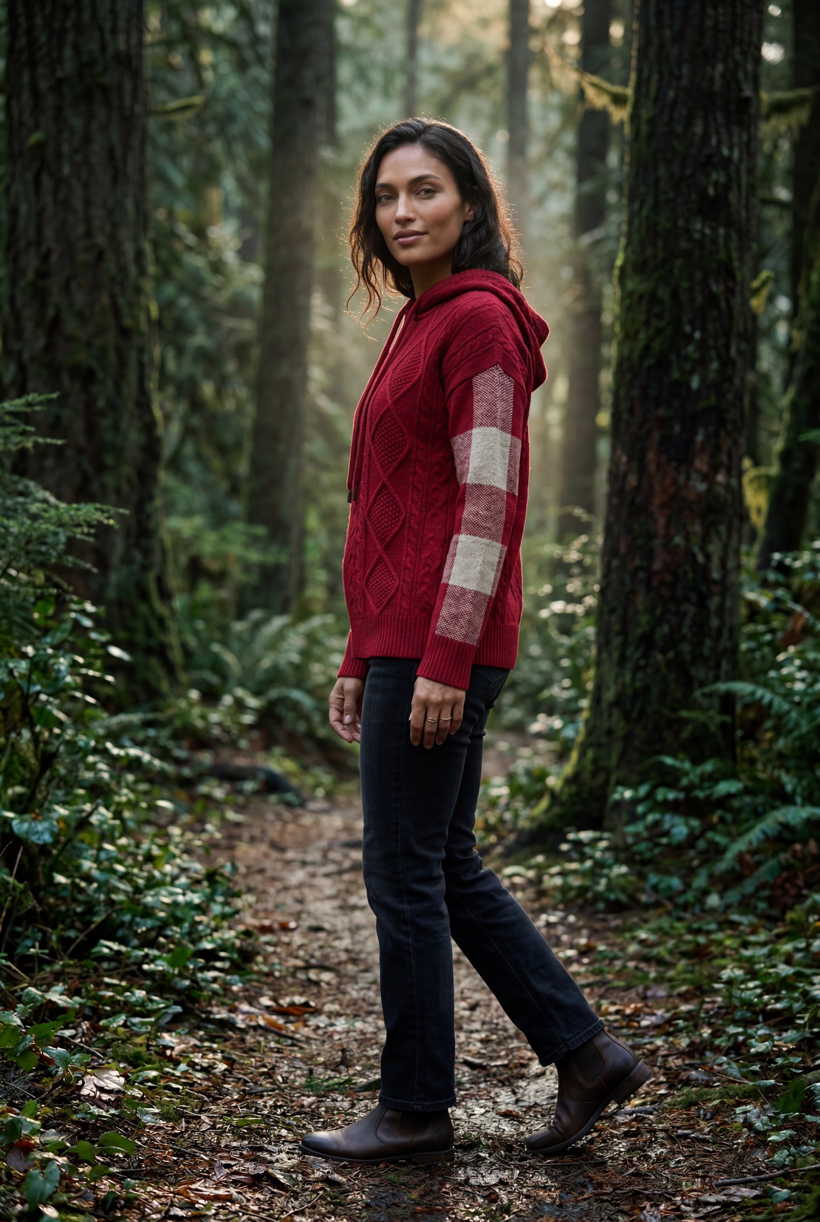 Red Oversized Cable Hoodie with Checked Sleeves - Oversized hoodie - Photo 4