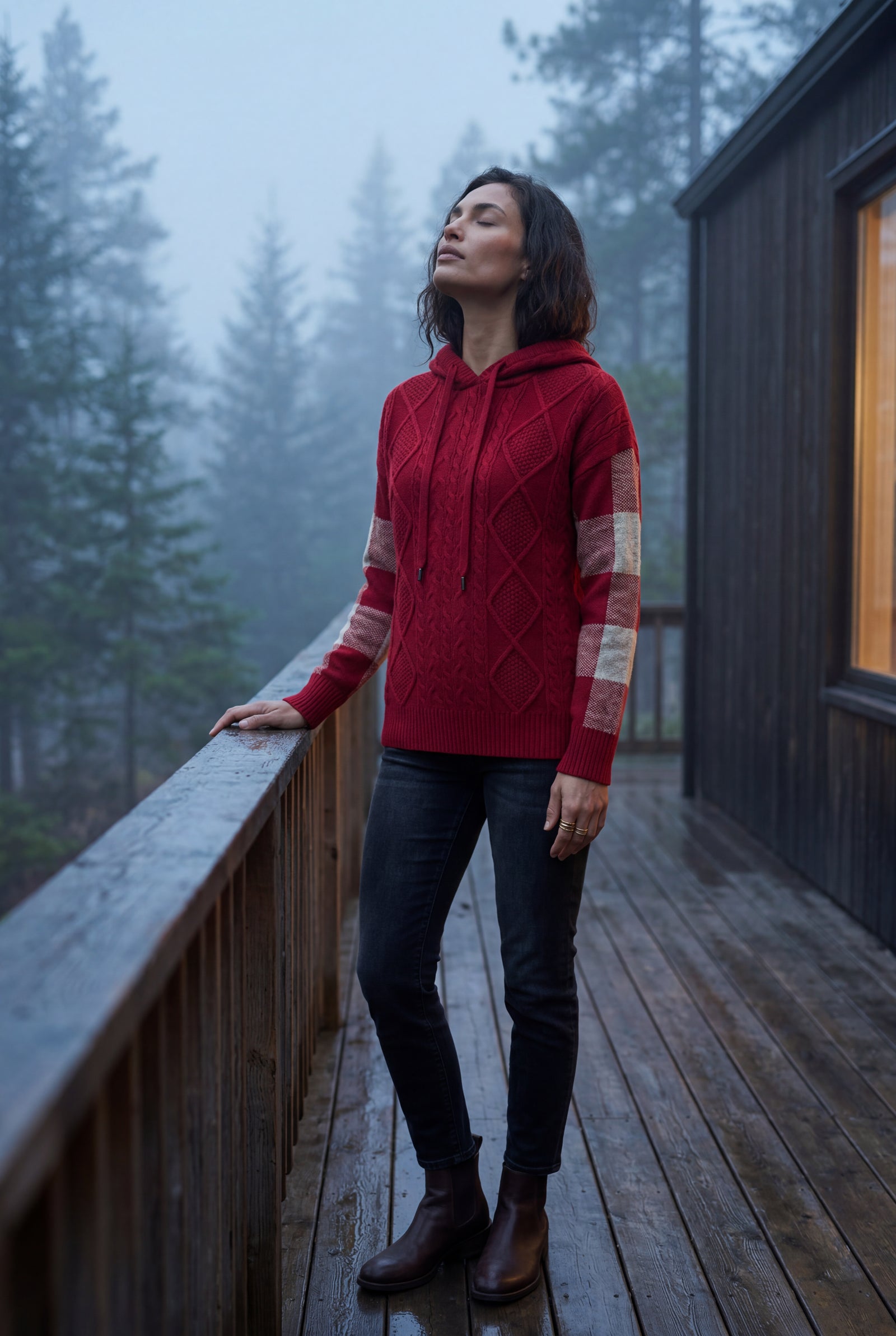 Red Oversized Cable Hoodie with Checked Sleeves - Oversized hoodie - Photo 6