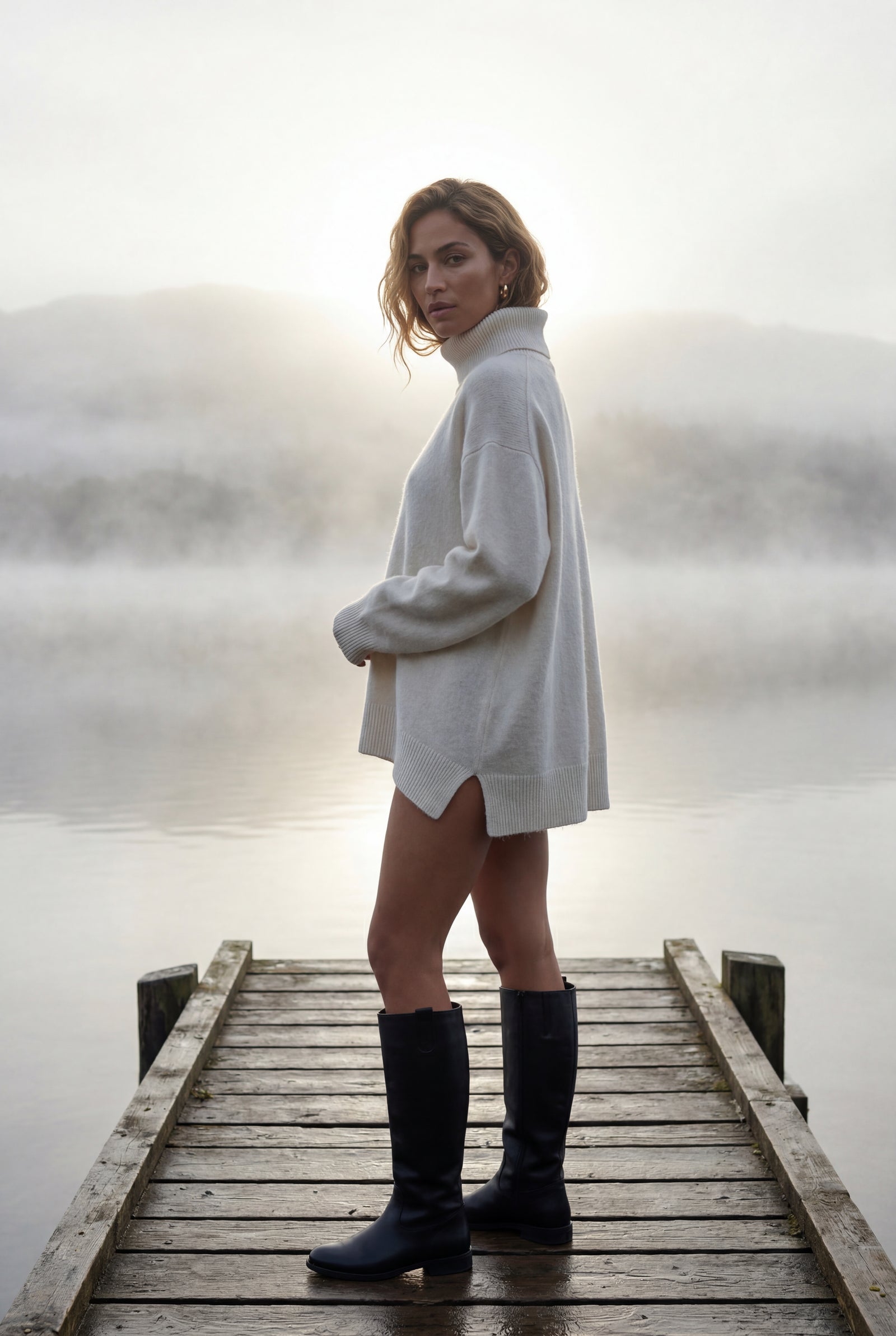 White Oversized Ribbed Turtleneck Sweater with High-low Hem - Photo 4