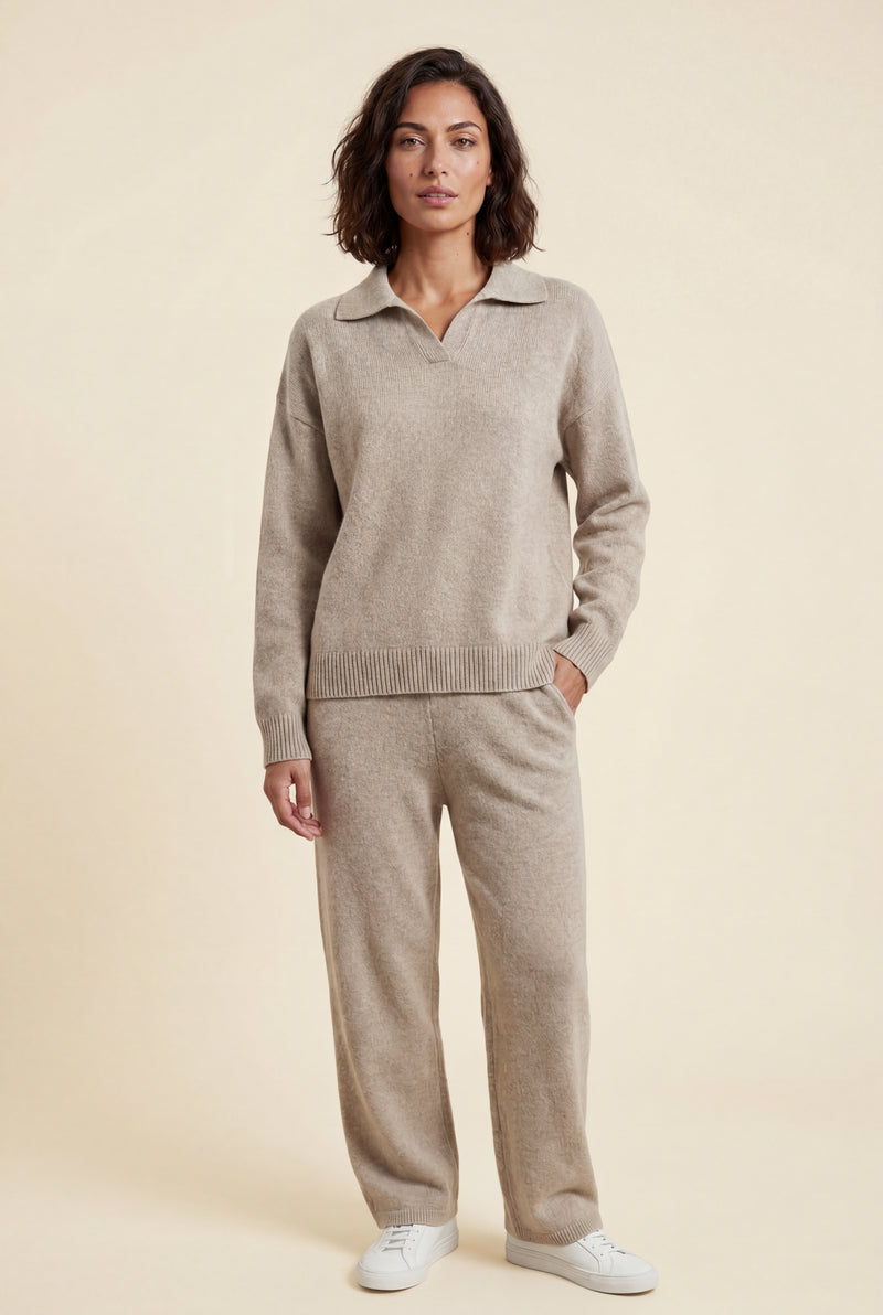 Taupe Relaxed Collared Pullover Wide-leg Lounge Set - Leisure set - Photo 4