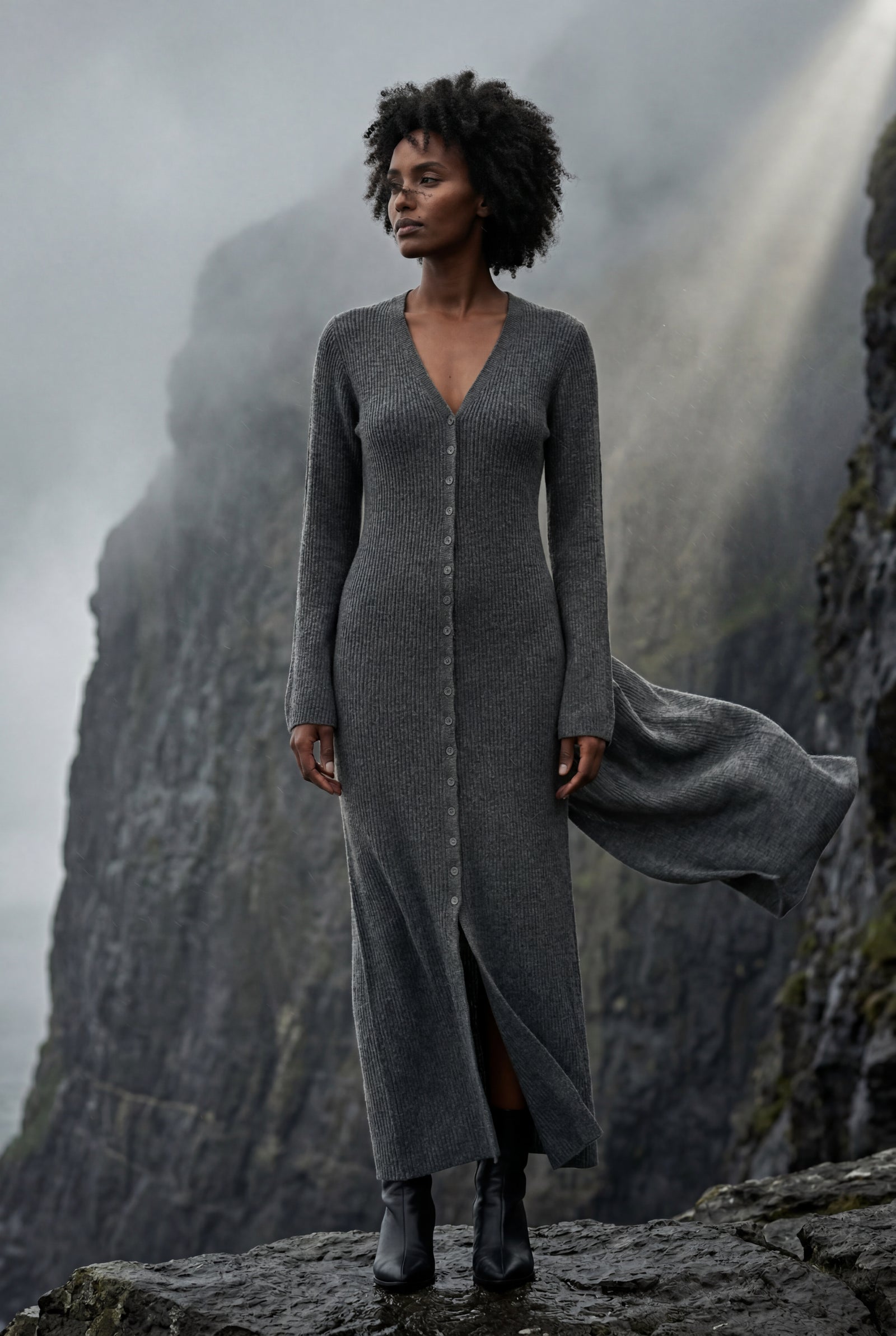 Gray Ribbed Maxi Cardigan with Flared Sleeves - Photo 11