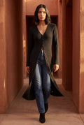 Black Ribbed Maxi Cardigan with Flared Sleeves - Photo 14