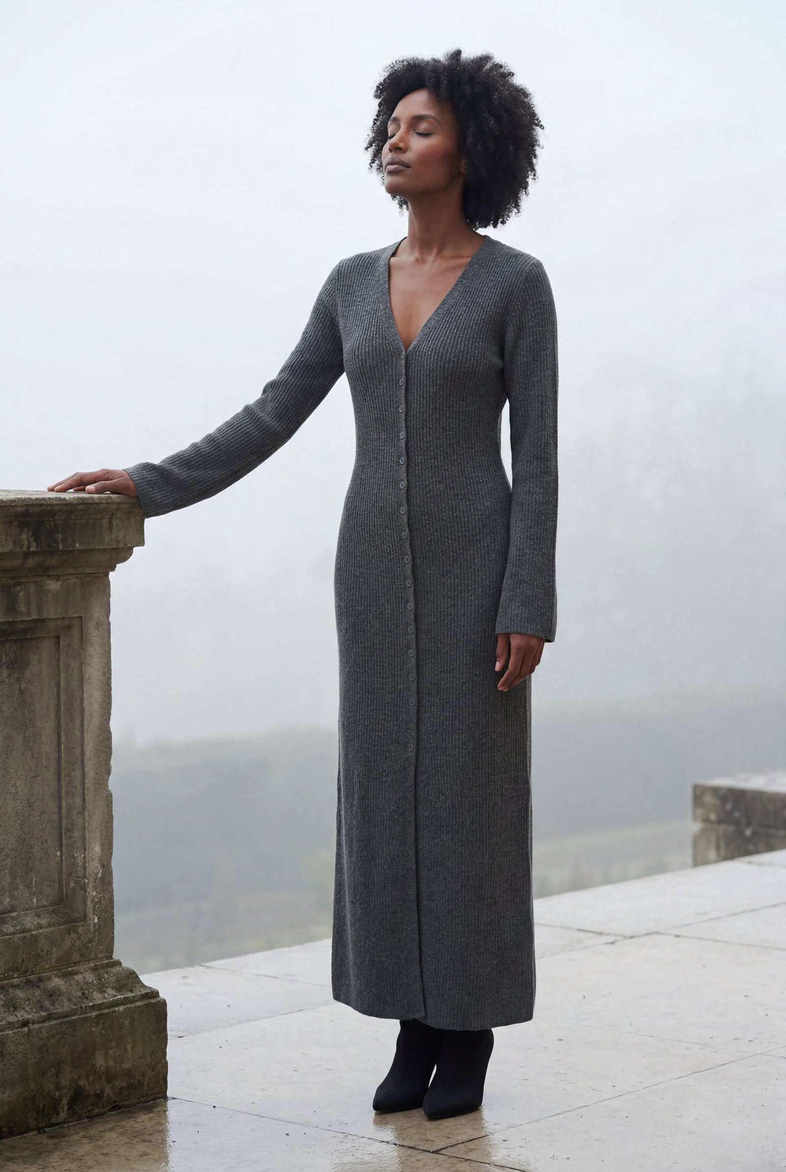 Gray Ribbed Maxi Cardigan with Flared Sleeves - Photo 8